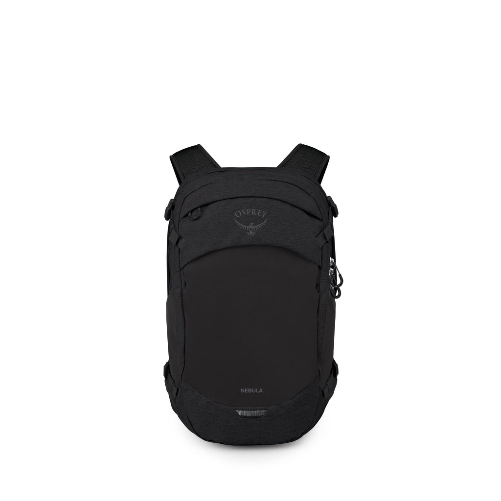 The images show a sleek black Osprey backpack, model name "Nebula," photographed on a white background. The front view highlights a clean, rounded panel with the Osprey logo near the top and "Nebula" subtly printed near the bottom, plus padded shoulder st