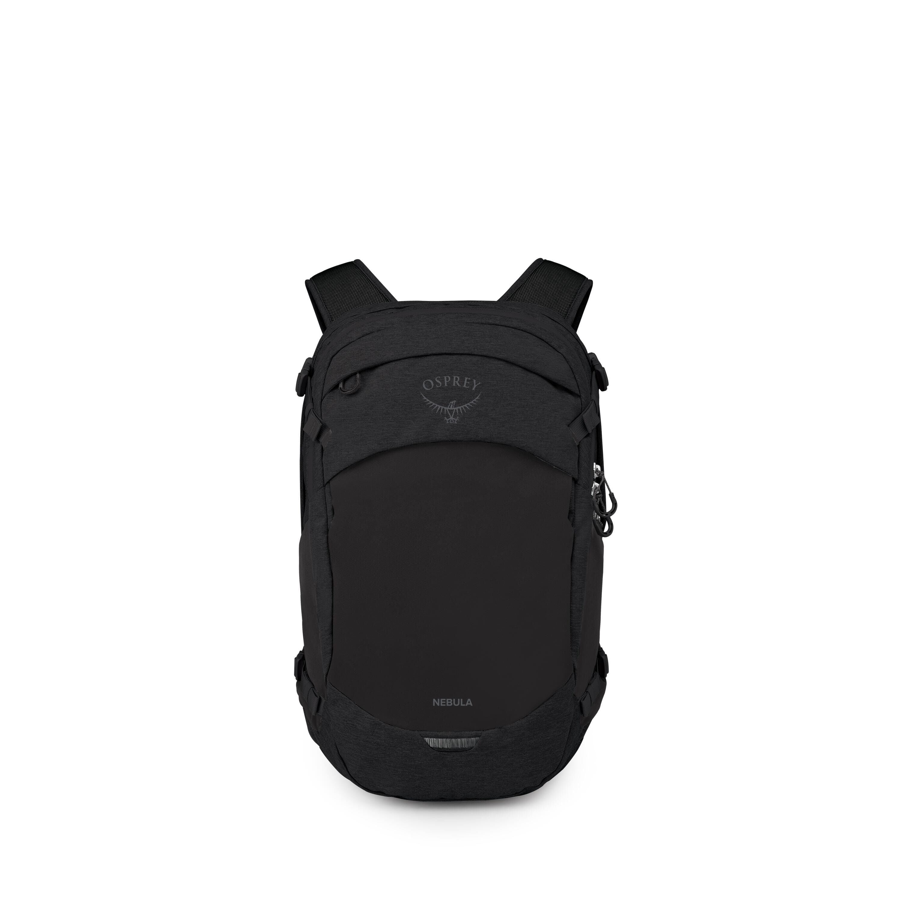 The images show a sleek black Osprey backpack, model name "Nebula," photographed on a white background. The front view highlights a clean, rounded panel with the Osprey logo near the top and "Nebula" subtly printed near the bottom, plus padded shoulder st