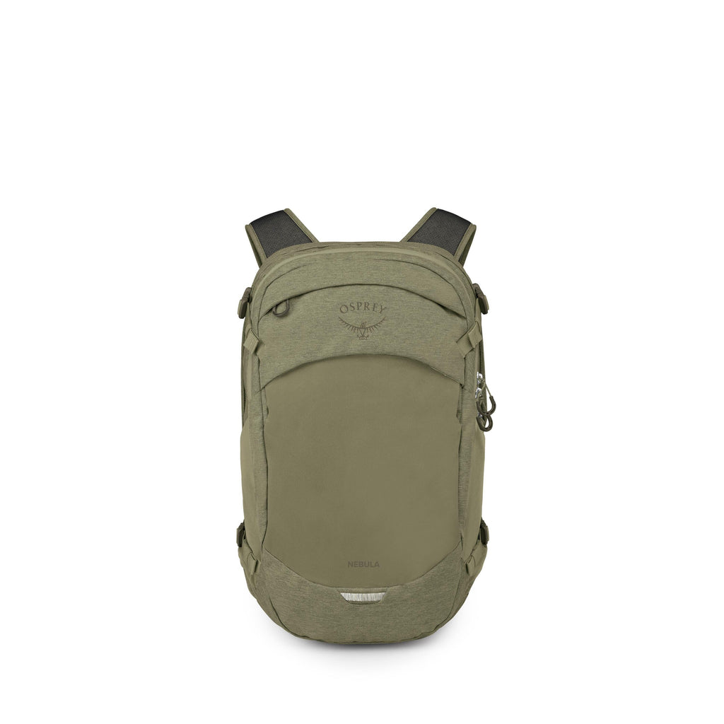 A green Osprey Nebula backpack is shown from the front against a white background. The pack has a streamlined shape with a large main panel, a smaller top compartment, and multiple zipper pulls. Padded shoulder straps and side compression points are visib