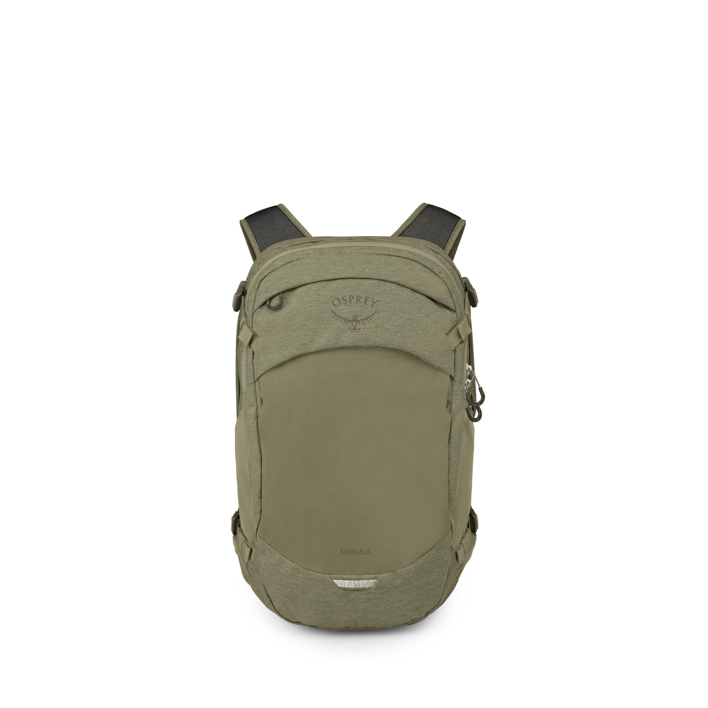 A green Osprey Nebula backpack is shown from the front against a white background. The pack has a streamlined shape with a large main panel, a smaller top compartment, and multiple zipper pulls. Padded shoulder straps and side compression points are visib
