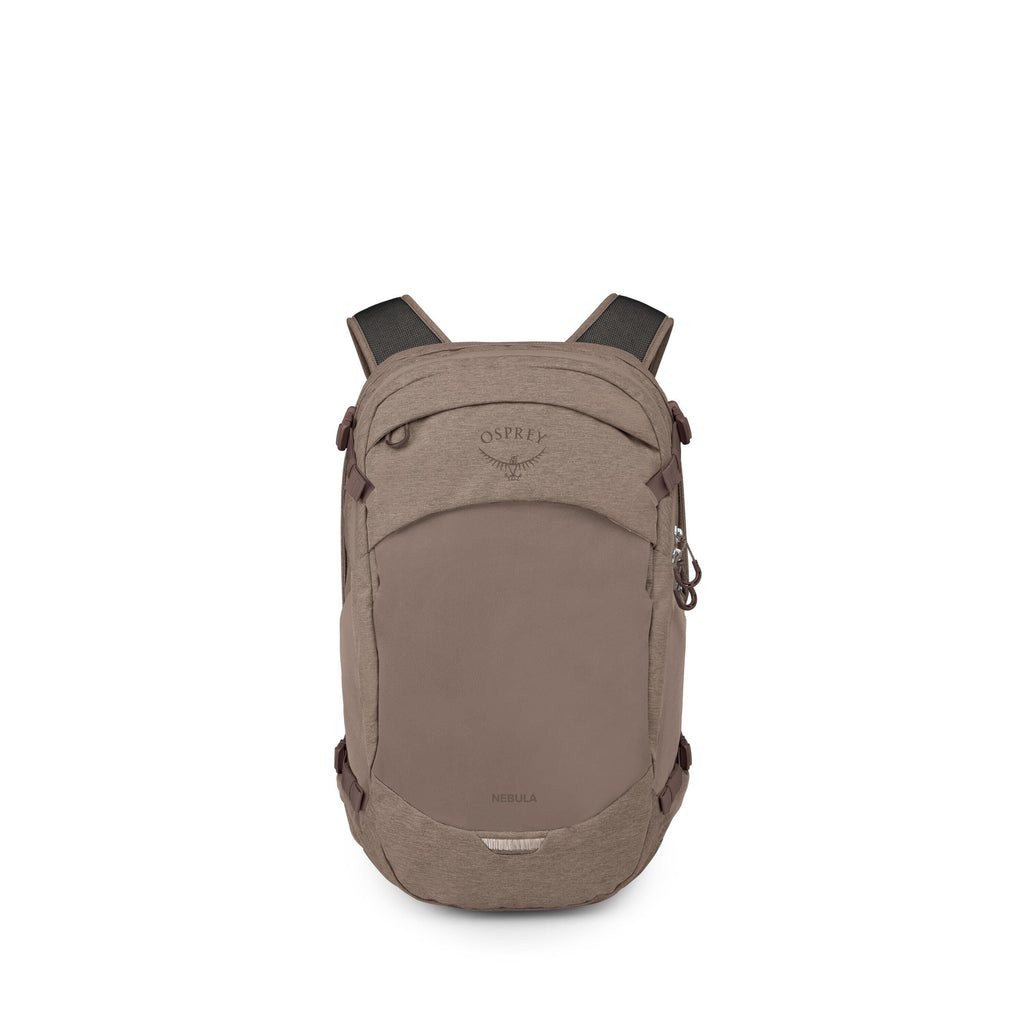 The images show a tan-gray Osprey Nebula backpack presented from the front and then exploded into its separate fabric panels and small components. The main view highlights a clean, rounded silhouette with dual shoulder straps, side compression straps, and