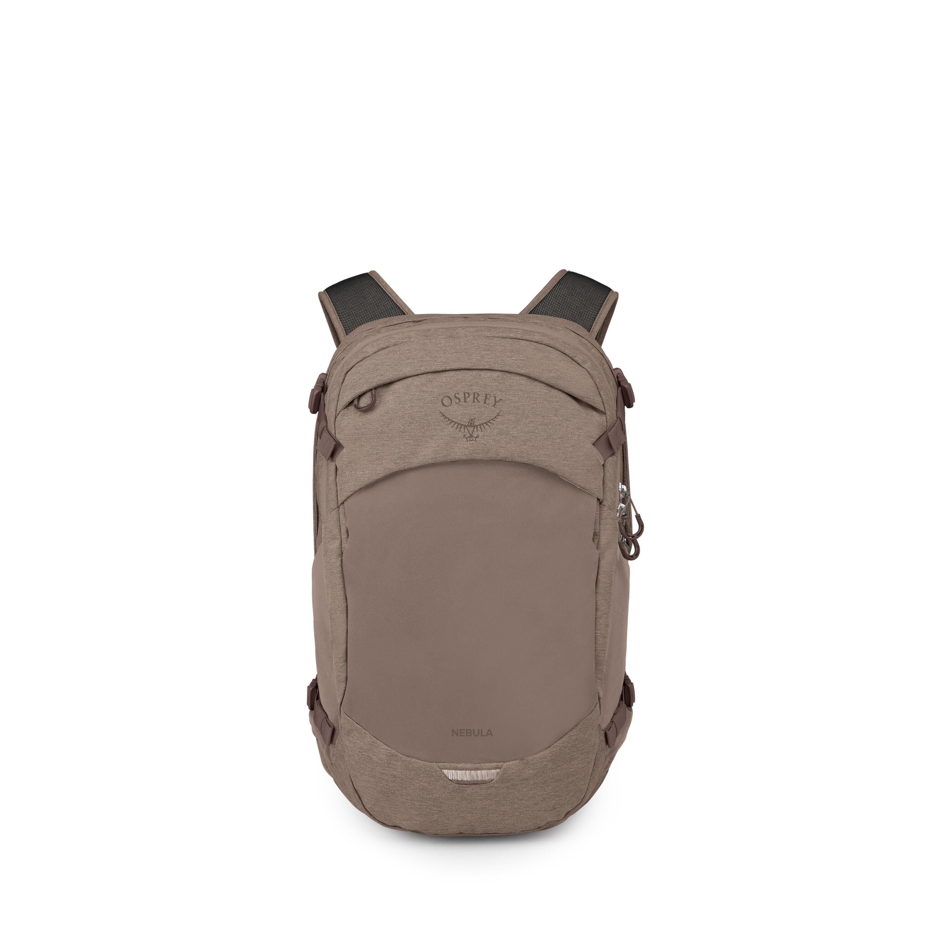 The images show a tan-gray Osprey Nebula backpack presented from the front and then exploded into its separate fabric panels and small components. The main view highlights a clean, rounded silhouette with dual shoulder straps, side compression straps, and