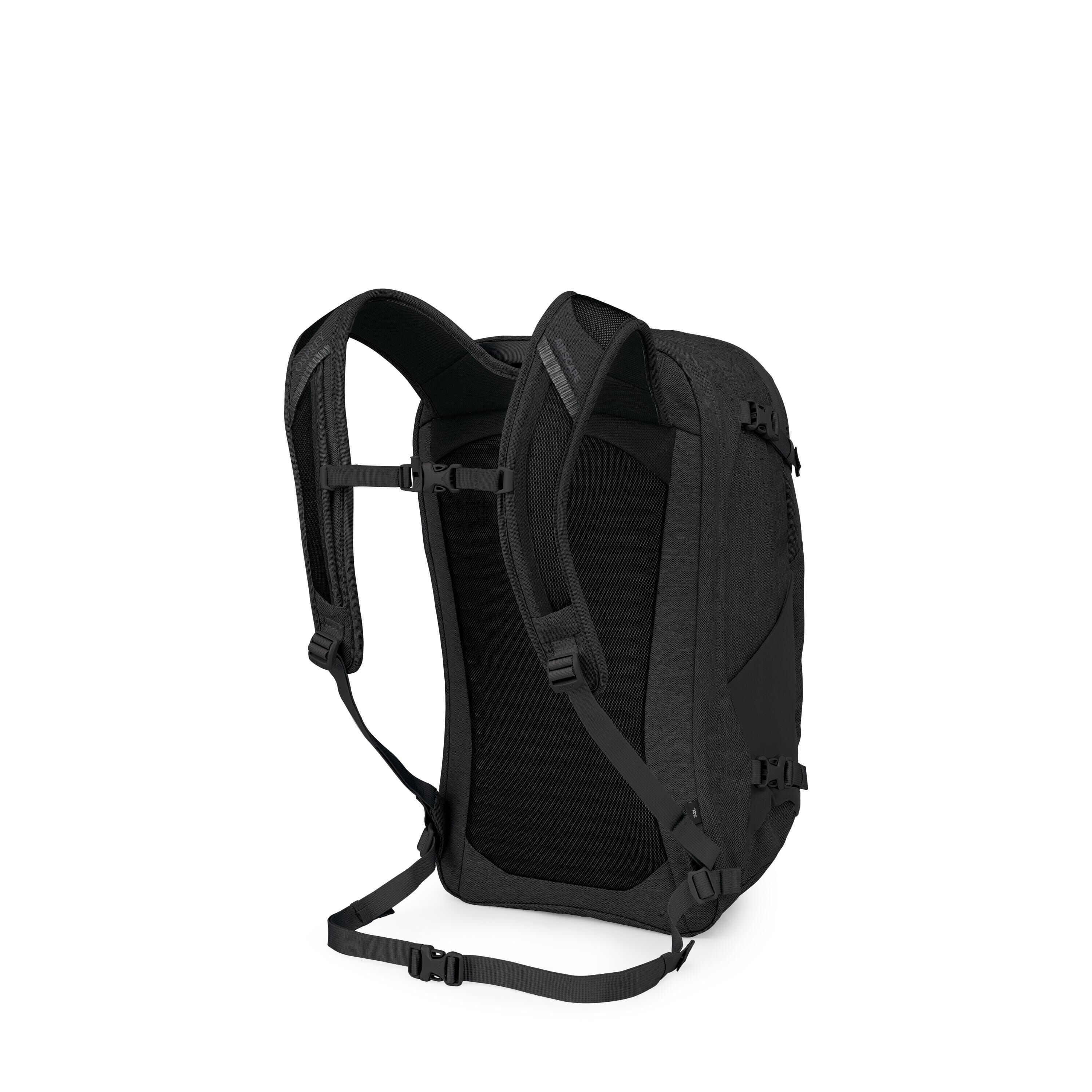 The images show a black backpack viewed from the back and broken down into components. The main view highlights padded shoulder straps, a ventilated back panel, a sternum strap, and a waist belt for stability. Additional frames display separated parts suc