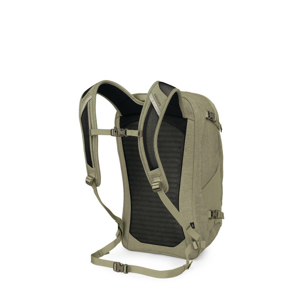 The images show a khaki-green backpack photographed from the back/side, highlighting its harness system. It features padded, breathable mesh shoulder straps, a sternum strap, and a padded back panel with ventilation channels. Compression straps and buckle