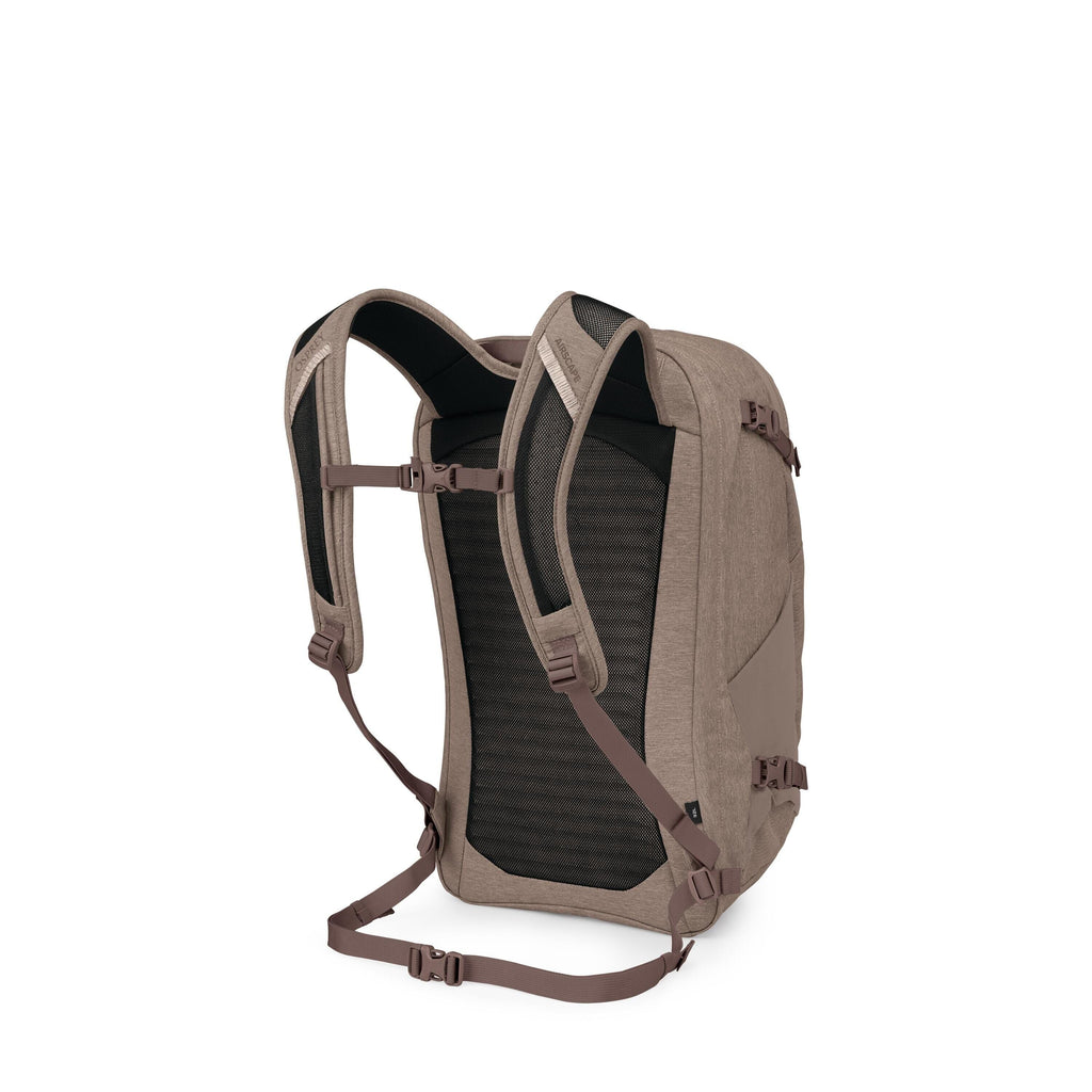 The image shows a taupe-colored backpack viewed from the back and side, highlighting its harness system. It features padded, breathable mesh shoulder straps, an adjustable sternum strap, and a waist strap for stability. Compression straps with quick-relea