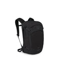 The images show a black Osprey Nebula backpack from a three-quarter front angle. It has padded shoulder straps, multiple zippered compartments, side compression straps, and a smooth, rounded front panel with the Osprey logo near the top and "NEBULA" at th