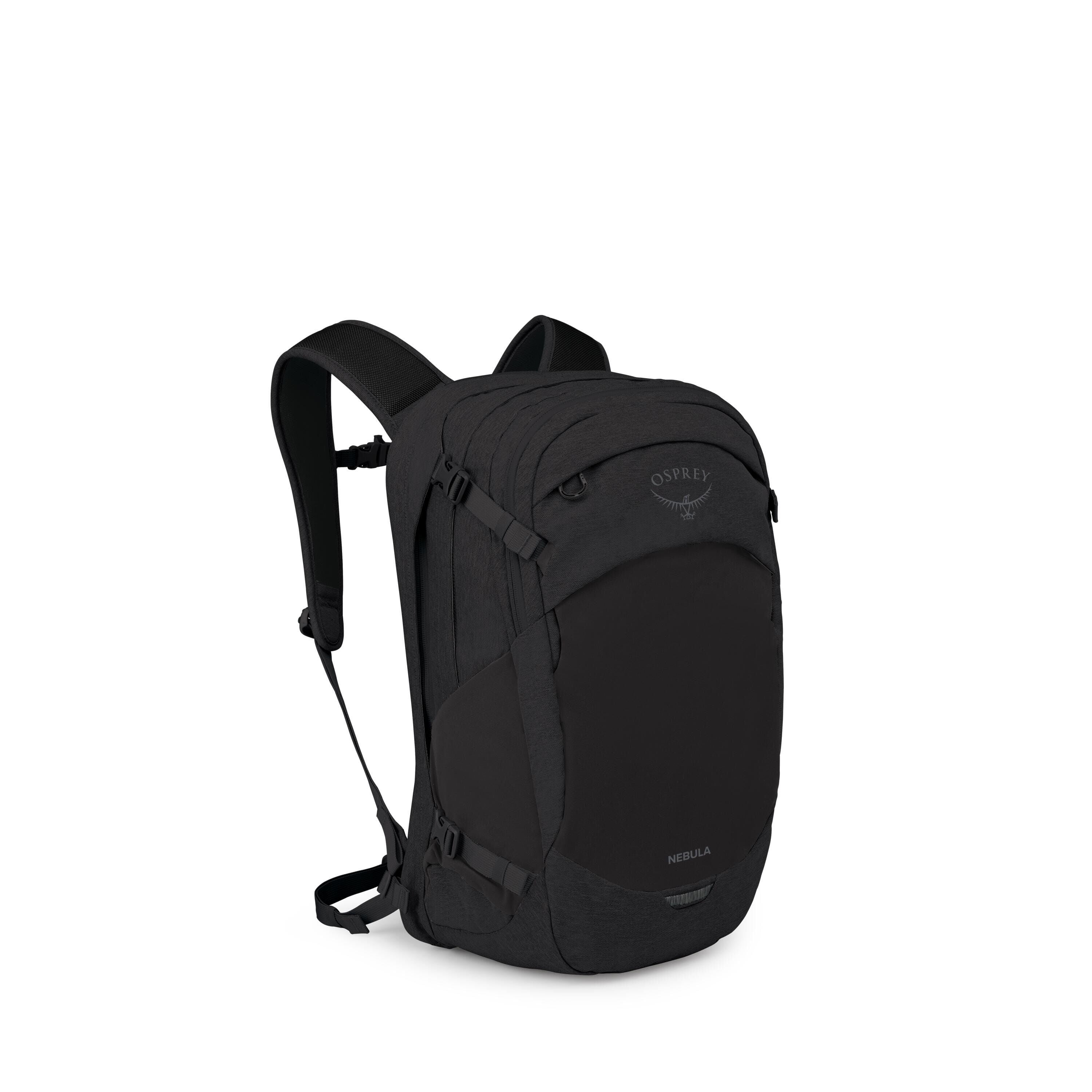 The images show a black Osprey Nebula backpack from a three-quarter front angle. It has padded shoulder straps, multiple zippered compartments, side compression straps, and a smooth, rounded front panel with the Osprey logo near the top and "NEBULA" at th