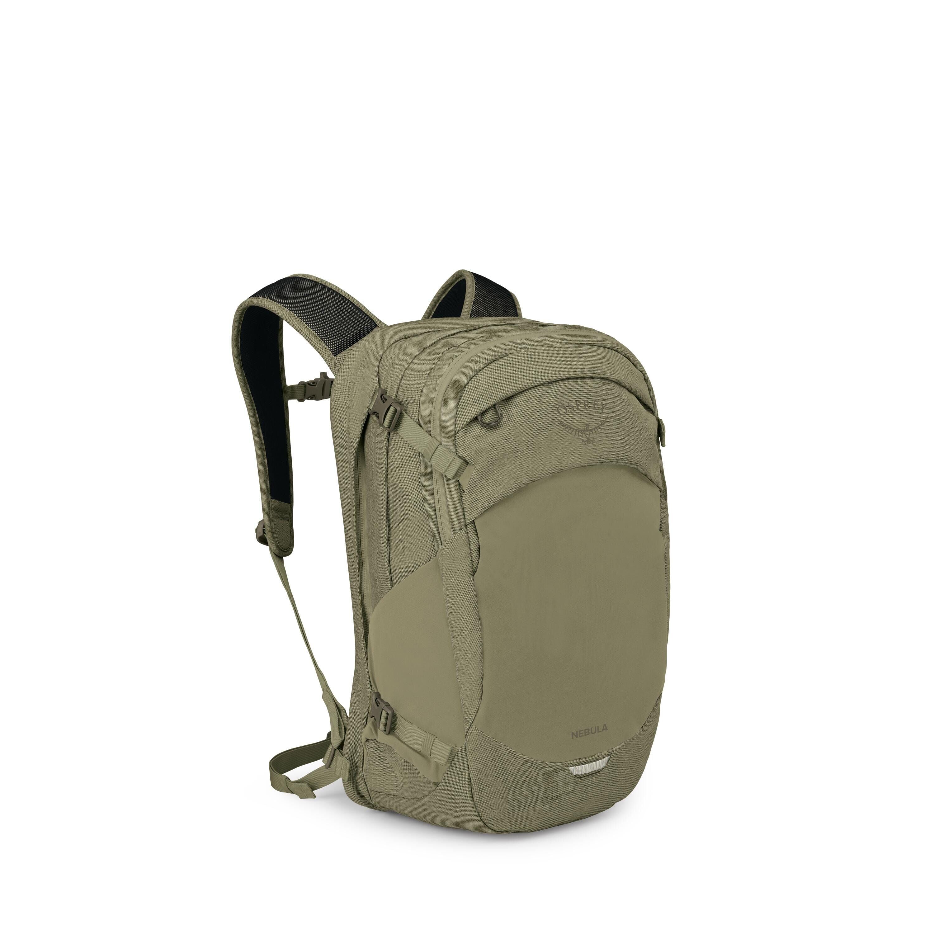 A medium-sized Osprey backpack in olive green is shown from a three-quarter front view. It has two main zippered compartments, a front shove-it pocket with the word "NEBULA," side compression straps, and a small loop near the top. The shoulder straps are