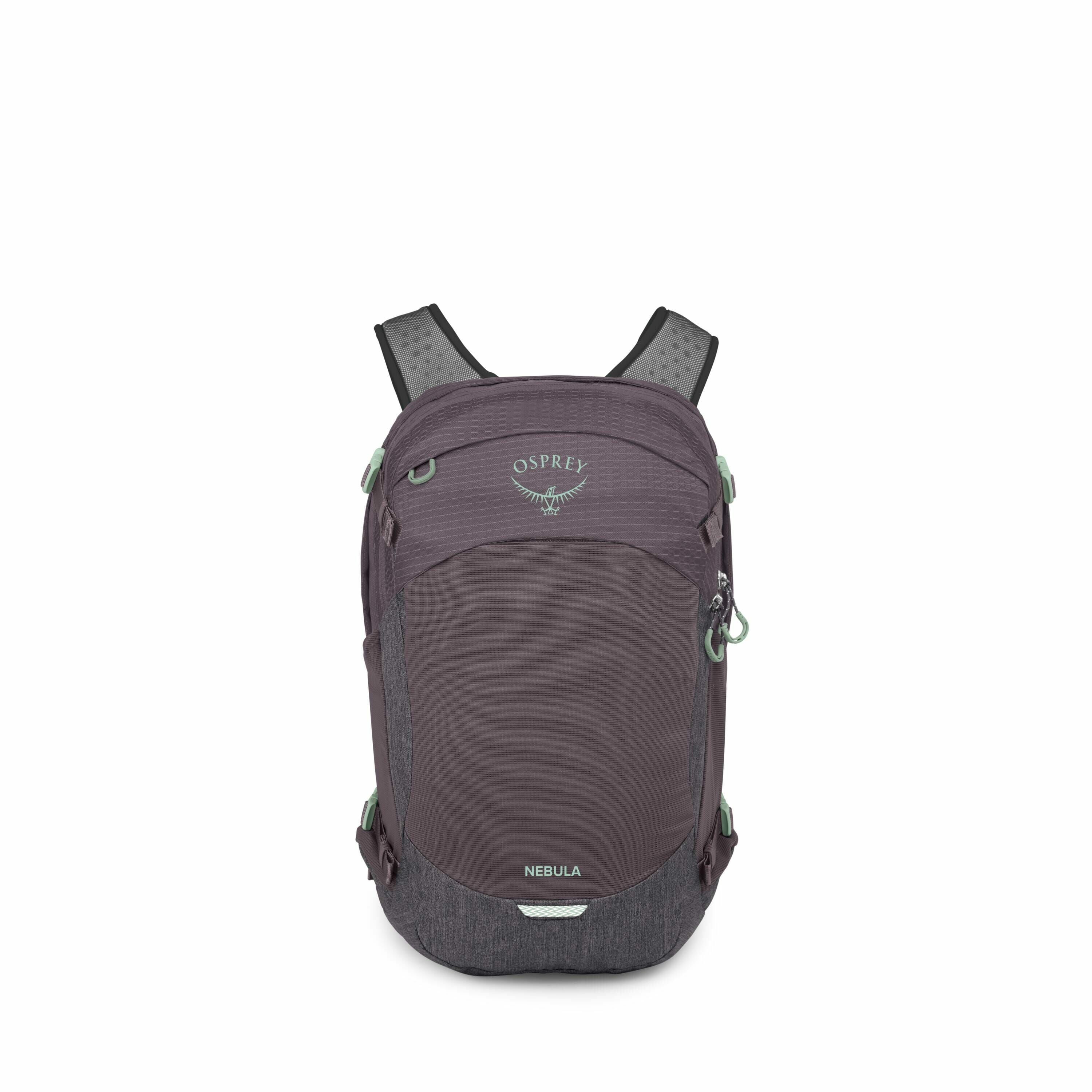The images depict an Osprey Nebula backpack in a deep purple shade with mint green accents. The backpack features a main compartment with visible zippers and side pockets, typical of Osprey's ergonomic and functional design. The Osprey logo, a stylized bi