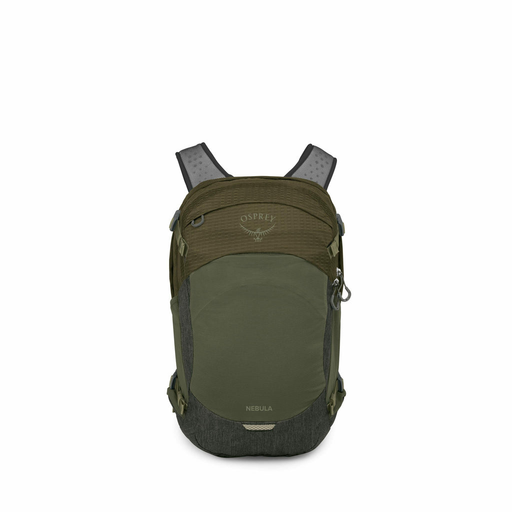 The image features an Osprey Nebula backpack with a predominantly dark green color. The backpack is designed for everyday use and outdoor activities, showcasing a sleek and compact shape. The Osprey logo is visible on the upper front pocket of the backpac