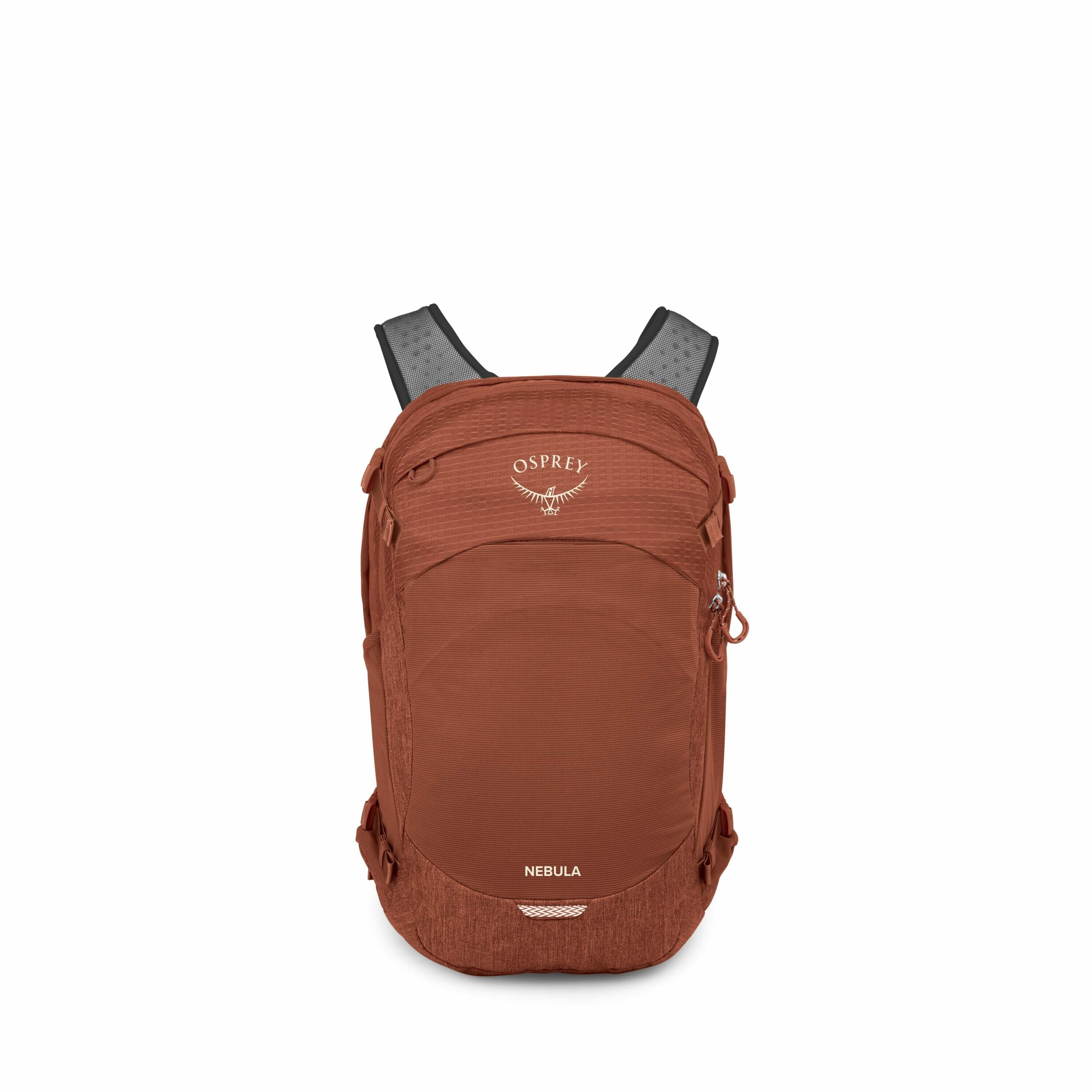 The image shows an Osprey Nebula backpack in a rust-colored shade. The backpack is displayed against a plain white background, emphasizing its design and features. The Osprey logo, a stylized bird emblem with the word "Osprey" above it, is prominently fea