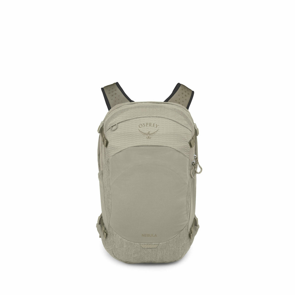 The image shows a light green backpack from the brand Osprey. The backpack is designed with multiple compartments, including a front pocket with a visible zipper, and has adjustable shoulder straps that feature a perforated design for breathability. It is