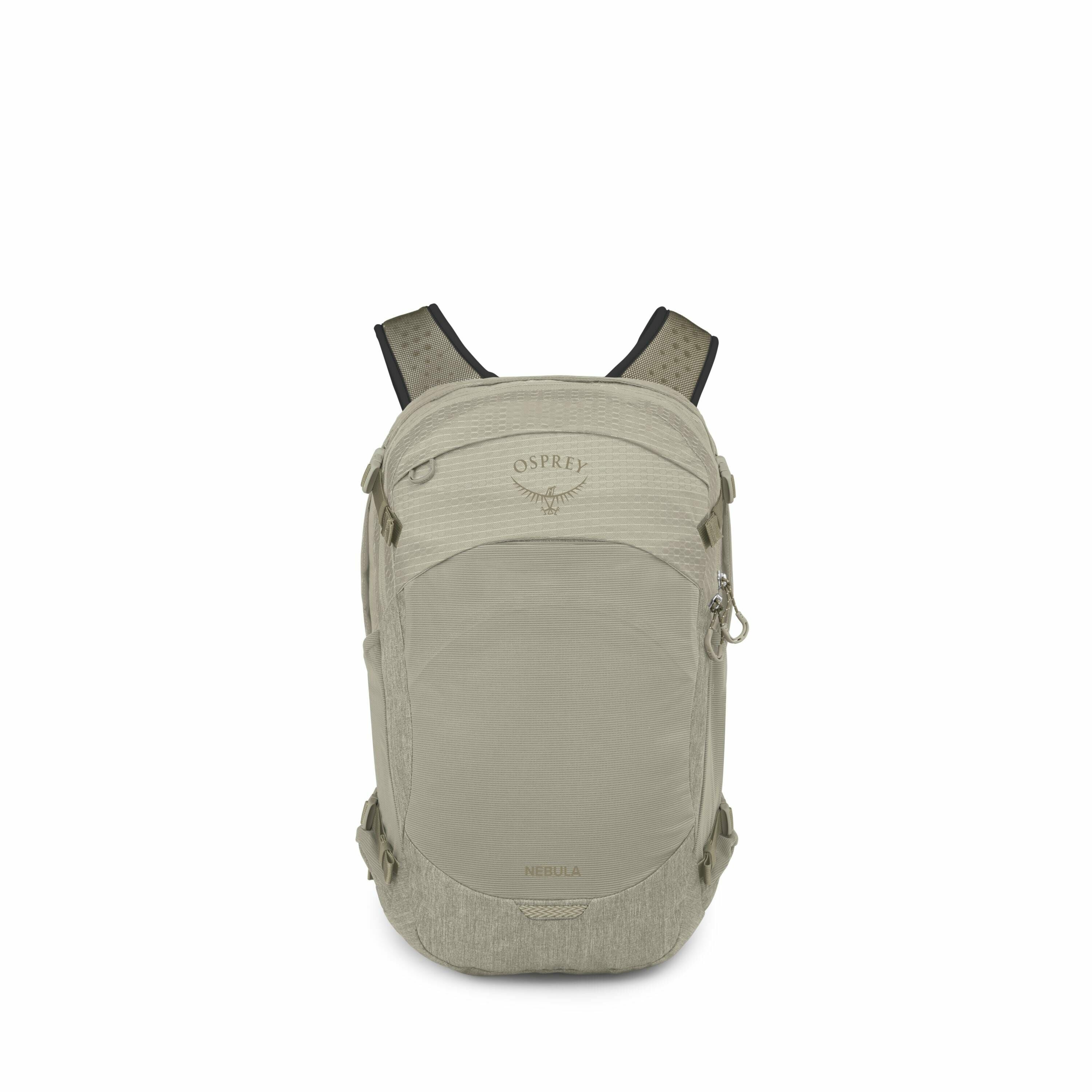 The image shows a light green backpack from the brand Osprey. The backpack is designed with multiple compartments, including a front pocket with a visible zipper, and has adjustable shoulder straps that feature a perforated design for breathability. It is
