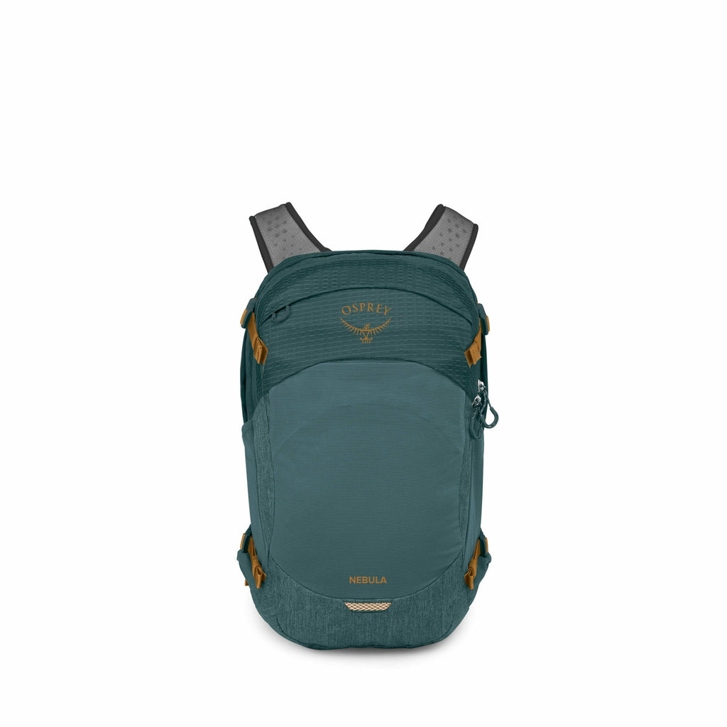 The image features an Osprey backpack in a deep teal color, prominently displaying the brand's logo at the top. The model name "Nebula" is visible near the bottom center of the bag, written in a lighter shade that complements the overall design. The backp