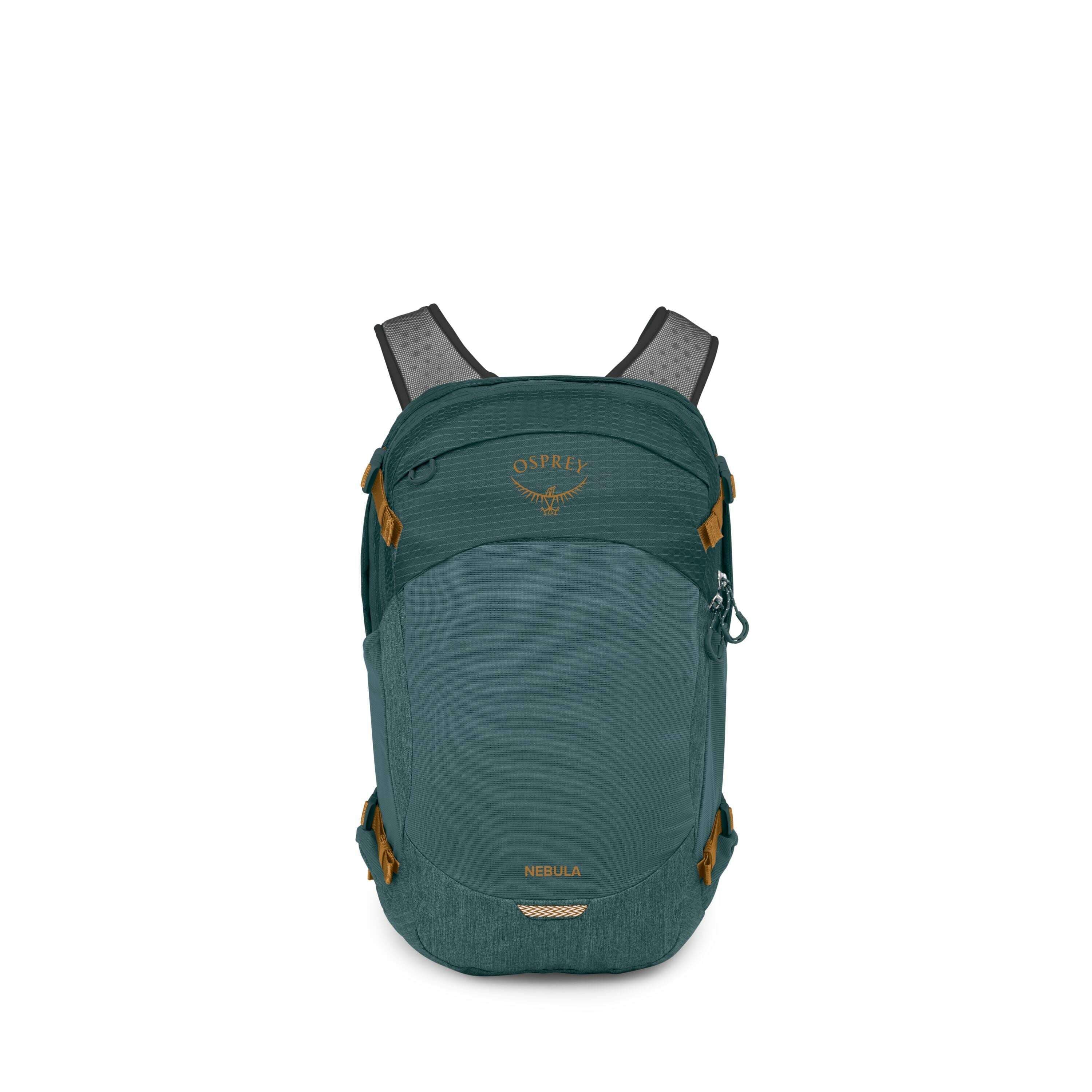 The image features an Osprey backpack in a deep teal color, prominently displaying the brand's logo at the top. The model name "Nebula" is visible near the bottom center of the bag, written in a lighter shade that complements the overall design. The backp