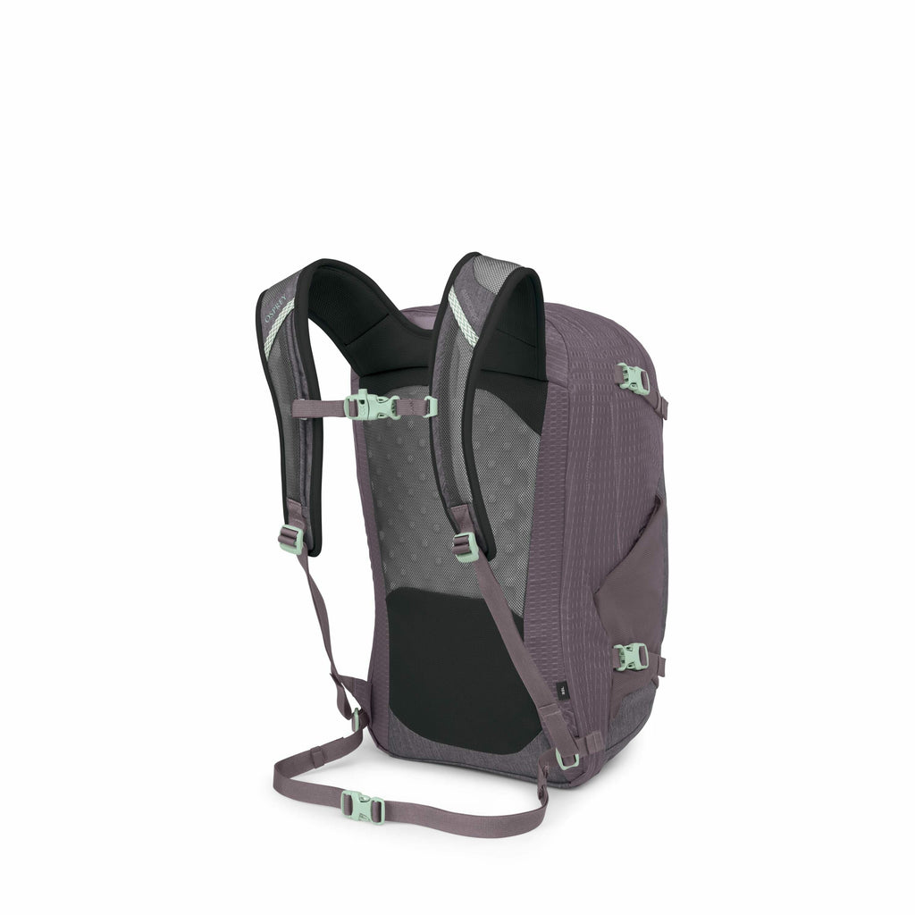 The image showcases a backpack from a rear perspective, highlighting its design features and construction. The backpack is primarily purple, with mint green buckles and accents on the straps. The back panel of the backpack appears to be made of a breathab