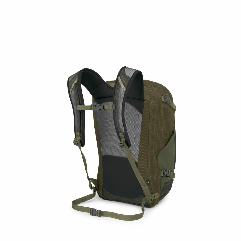 The image depicts a backpack viewed from the back side, showcasing its shoulder straps and padded back support. The backpack is a muted olive green color with darker gray accents, particularly on the straps and padding. There are several buckles and adjus