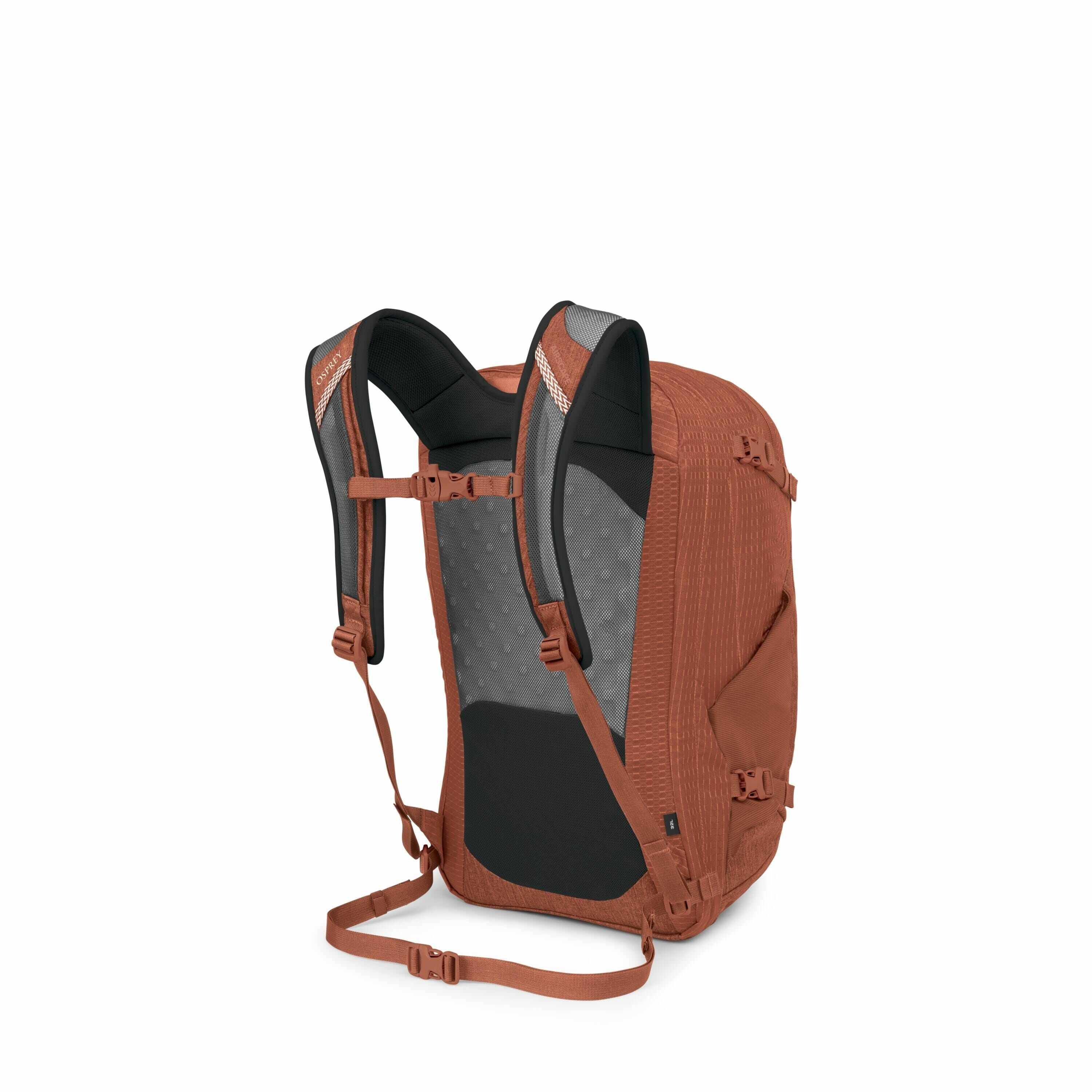 The image features a rust-colored backpack from Osprey, designed with ergonomic shoulder straps and a back panel that appears to be padded for comfort. The backpack includes various straps and buckles for adjustment, enhancing its fit and usability. The m
