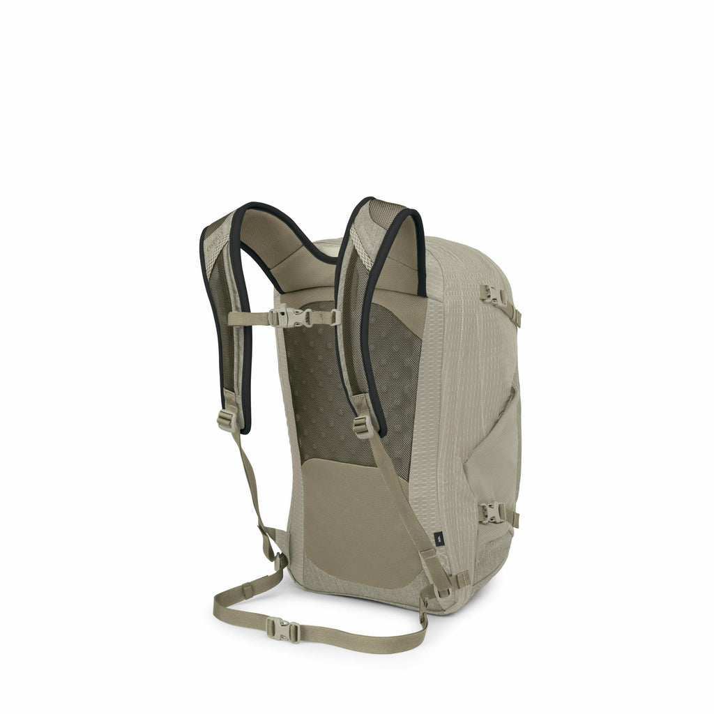 The images depict a backpack viewed from various angles and stages of assembly or disassembly. The first two images show the fully assembled backpack from the back, highlighting the padded shoulder straps, chest straps, and the textured, breathable back p