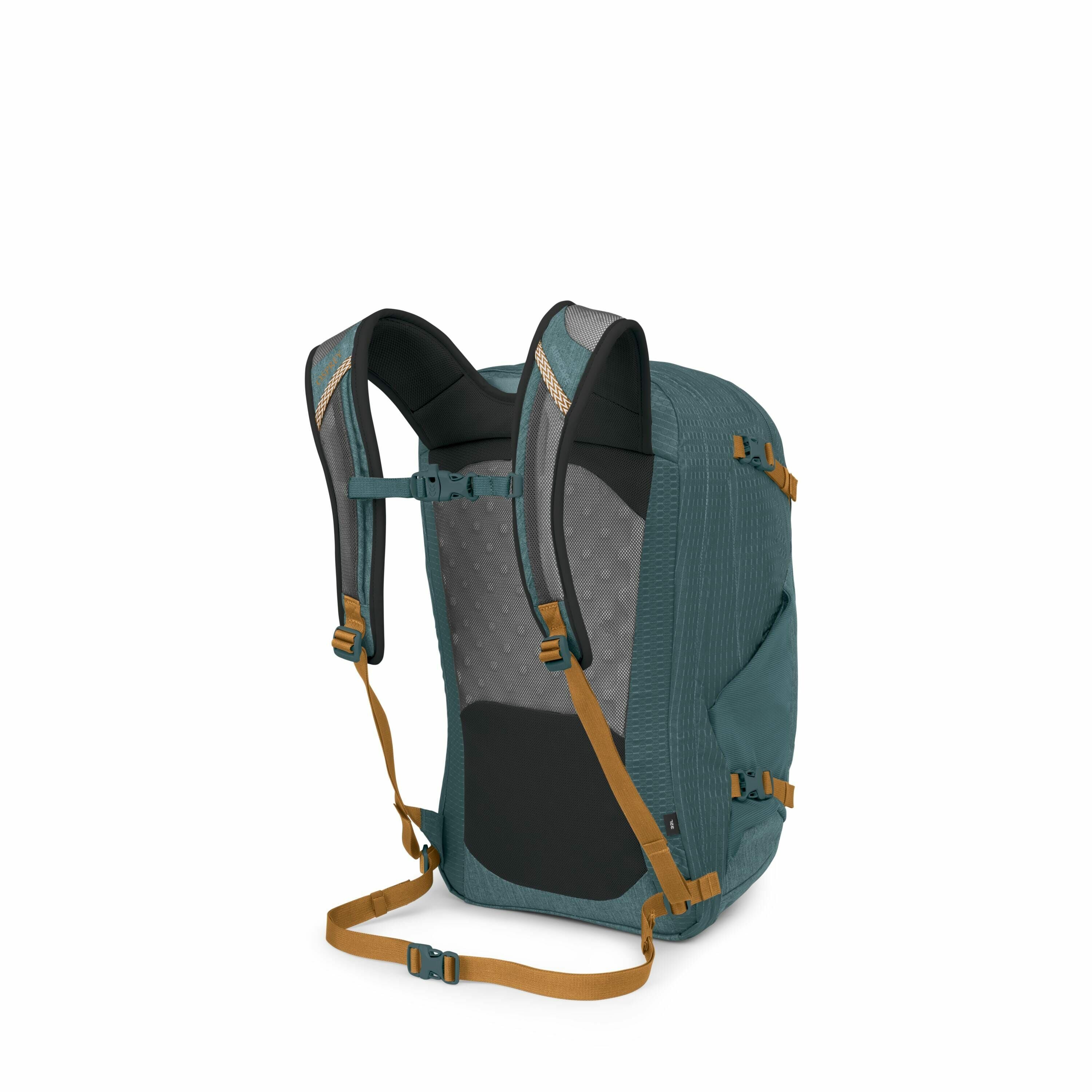 The image features a teal backpack designed for outdoor or hiking use, showcased from the back side to highlight its ergonomic features. The backpack has padded shoulder straps and a mesh back panel for comfort and breathability. The straps are equipped w