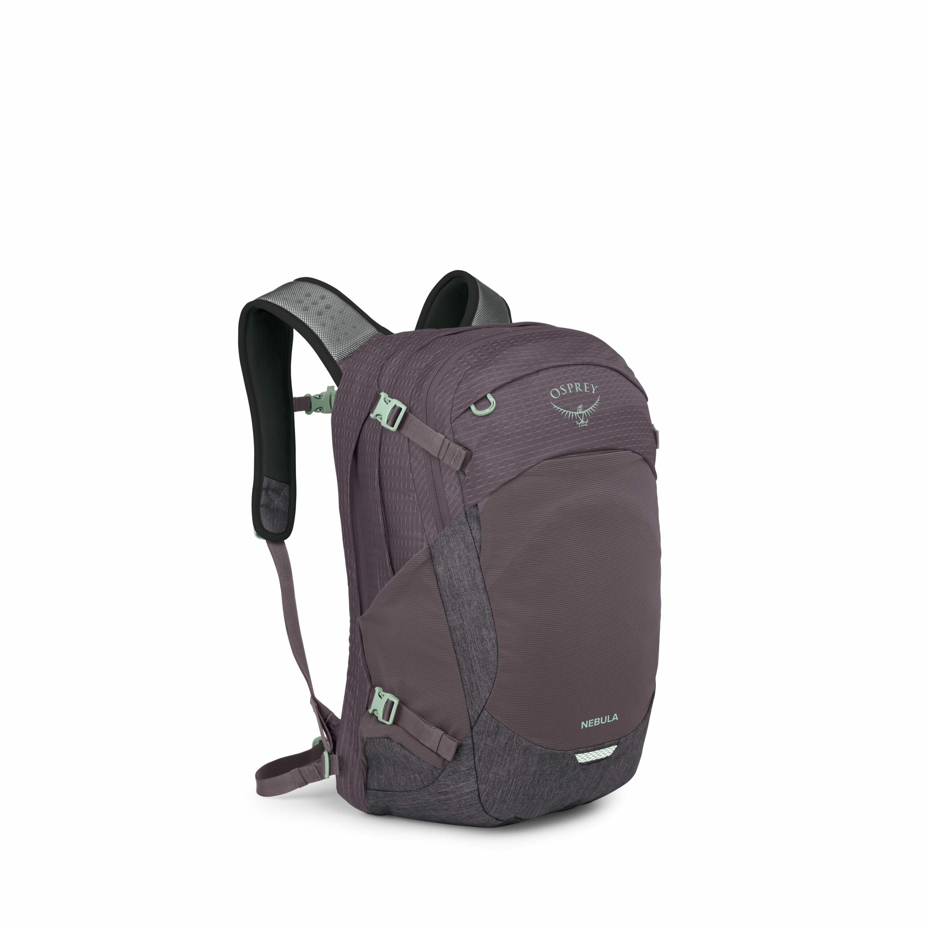 The image features an Osprey Nebula backpack in a rich purple color with dark gray accents. It showcases the backpack's multiple compartments, adjustable padded shoulder straps, and a front zip pocket for easy access to essentials. The Osprey logo is prom