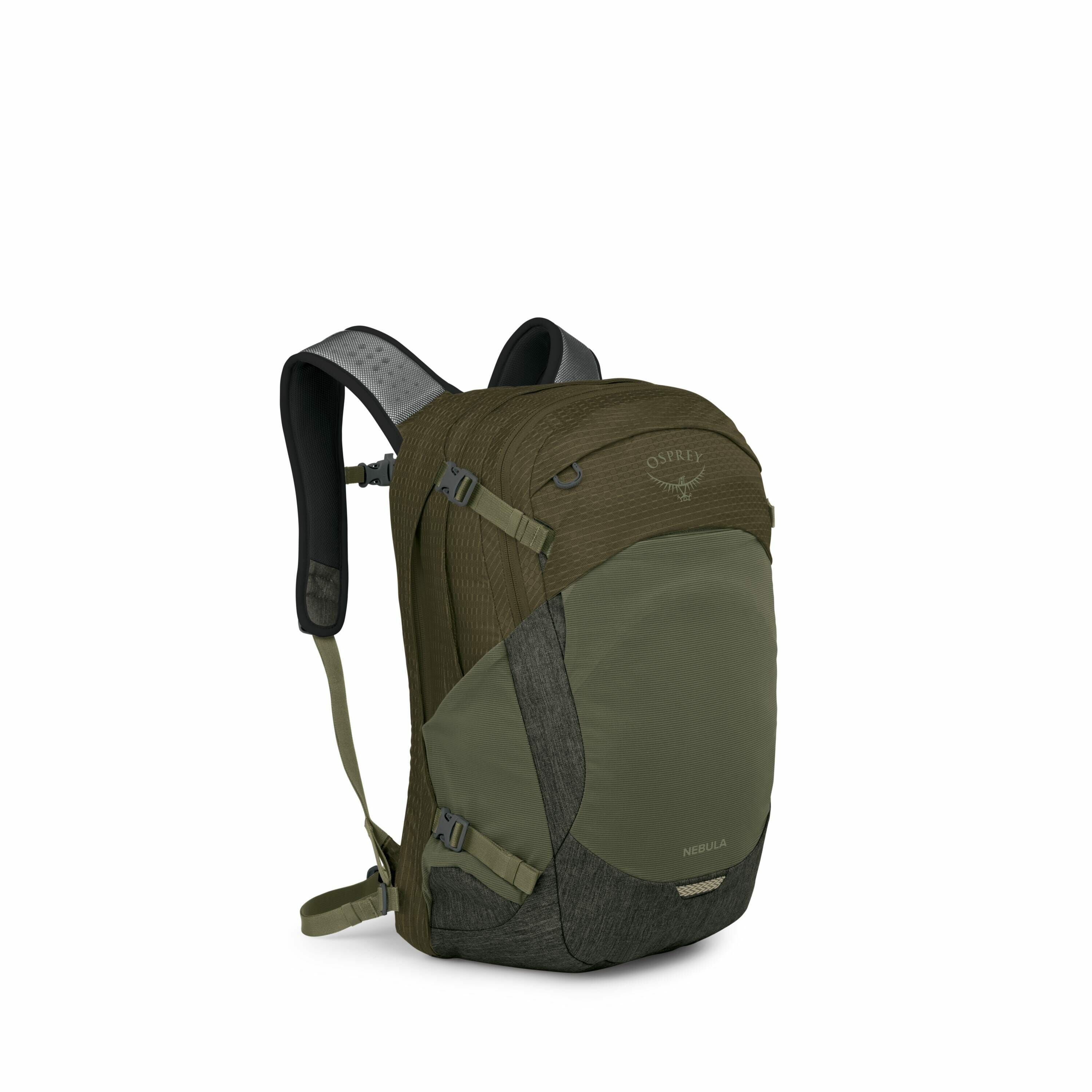 The image displays a rugged, outdoor-oriented backpack made by Osprey, known as the Nebula model. This backpack is a deep olive green color with contrasting dark accents, which gives it a durable and stylish look suitable for outdoor adventures or everyda