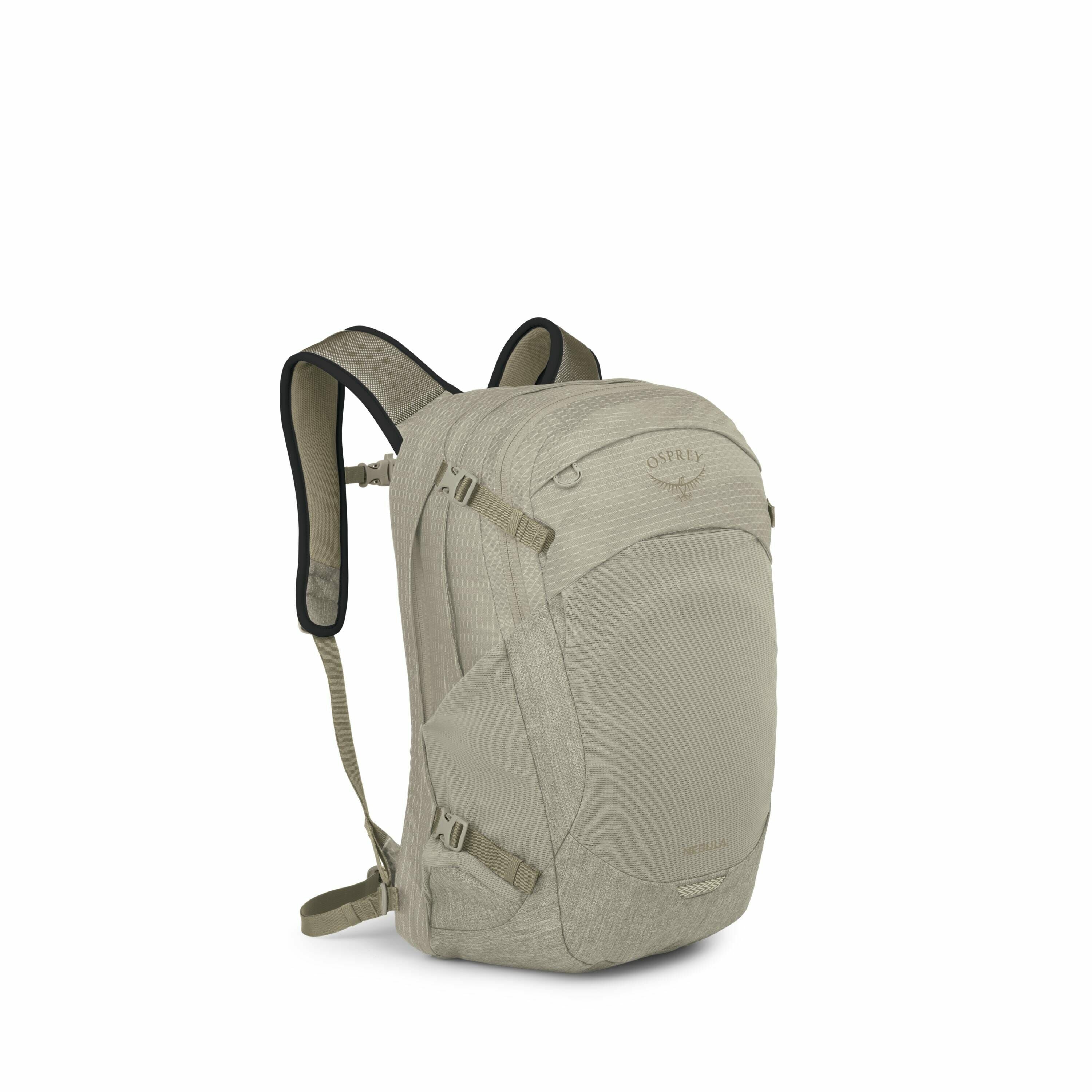 The image series showcases an Osprey Nebula backpack in a beige color. The backpack has a streamlined design, featuring multiple compartments and adjustable straps for comfort. The Osprey logo is prominently displayed near the top, signifying the brand's