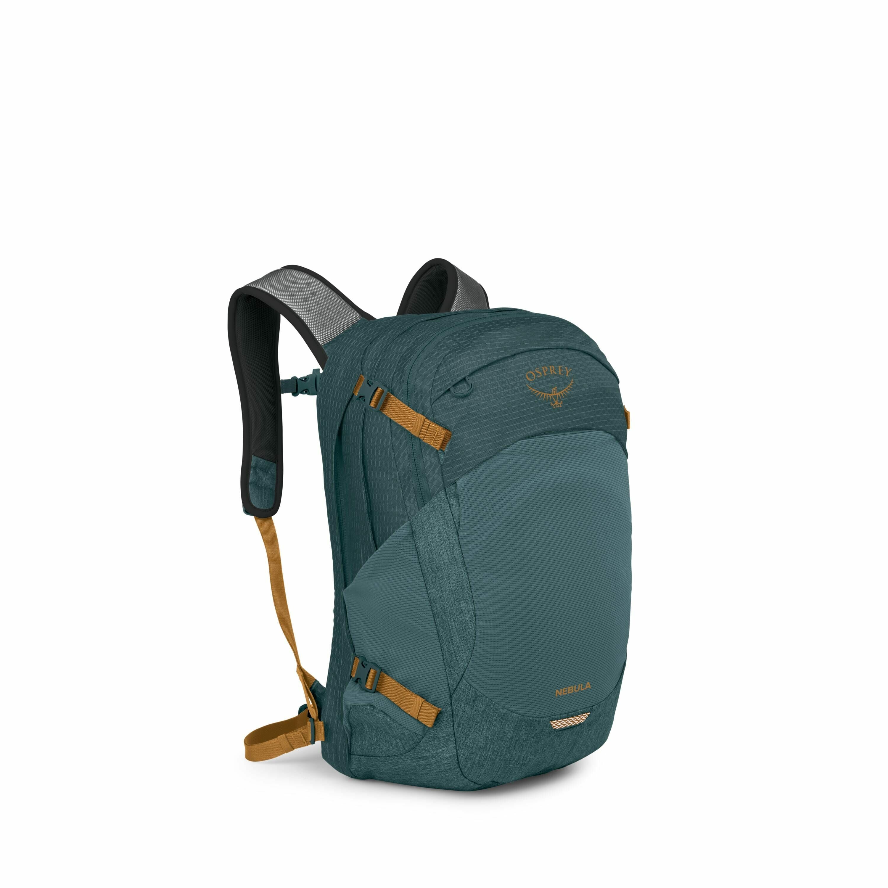 The image features an Osprey Nebula backpack, showcased against a white background. The backpack is primarily dark teal in color, with accents such as straps and buckles in a contrasting mustard yellow shade. The Osprey logo is prominently displayed at th