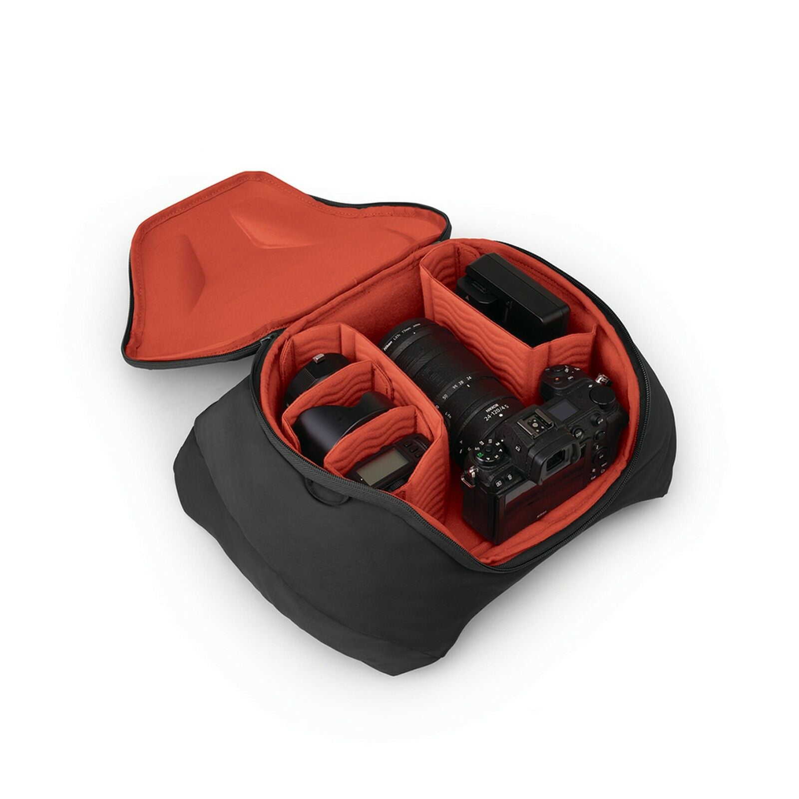 Internal view of Osprey Photo Lid in the color Black shown with Camera gear inside