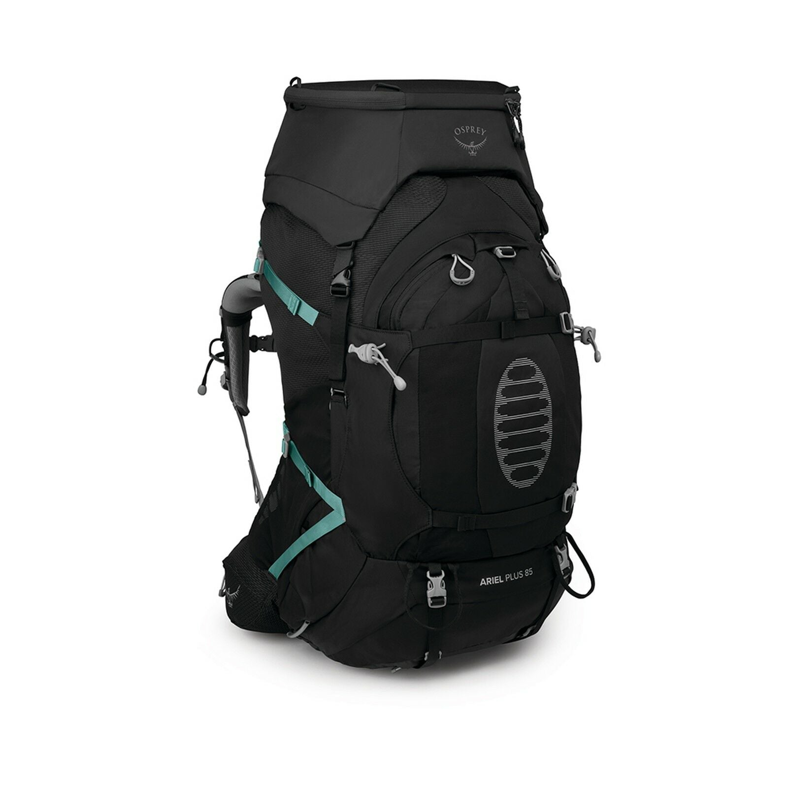 Side front view of Osprey Photo Lid in the color Black attached to an Ariel Plus 85 backpack