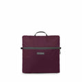 The images display a foldable maroon backpack with a simple and compact design. The backpack is shown in a folded state, with the main rectangular body and a front zipper pocket visible. It features a carrying handle at the top, and the texture of the mat