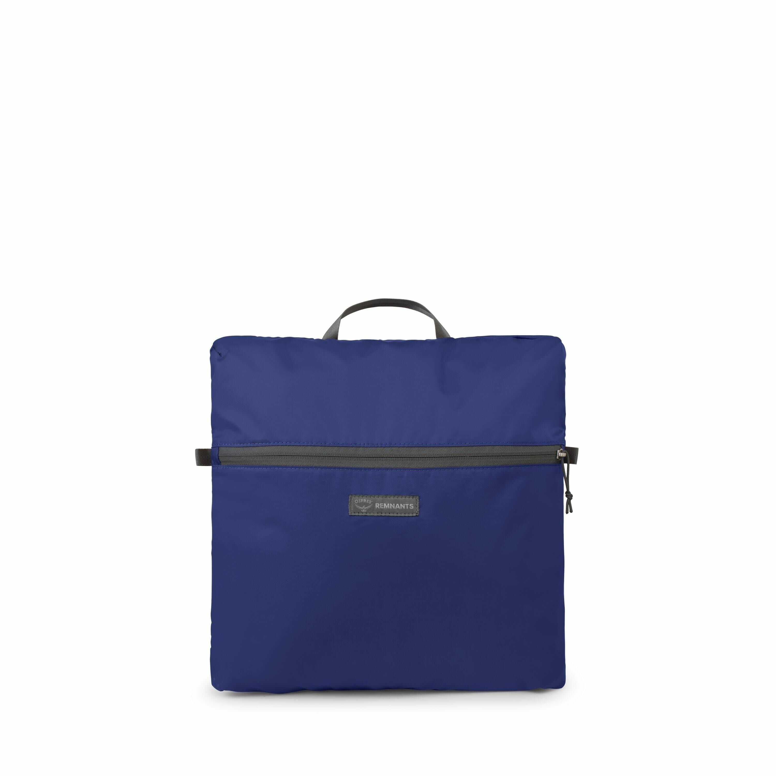 The images show a compact, foldable backpack in a deep blue color. The backpack features a zipper along the top edge, which allows it to open and close. There is a small handle on top for easy carrying when it's folded. It has a front pocket with a zipper