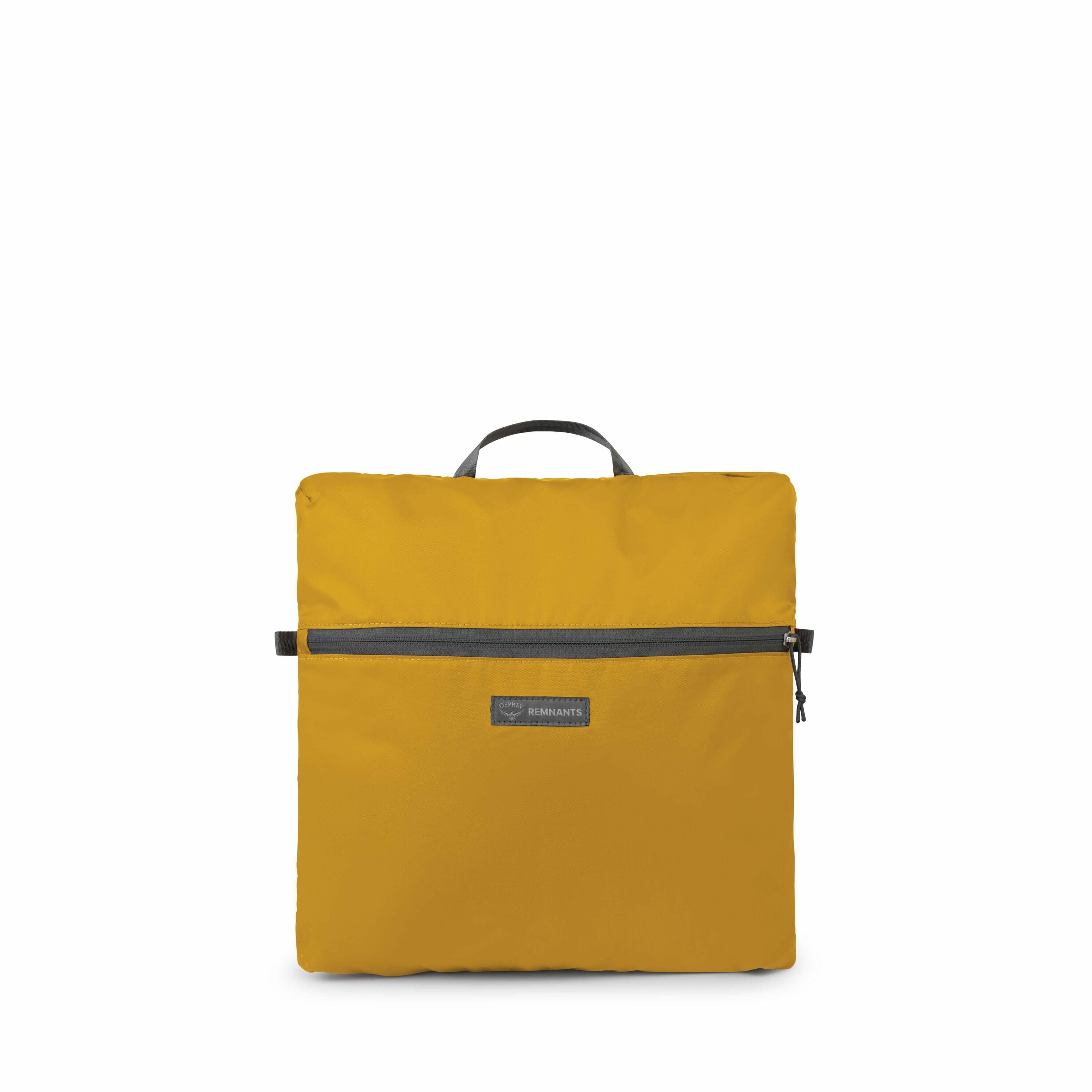 The image shows a compact, foldable bag in a mustard yellow color. It has a rectangular shape with a zipper closure at the top. A small gray fabric handle is visible at the top, allowing for easy carrying. The bag appears to have a front pocket featuring