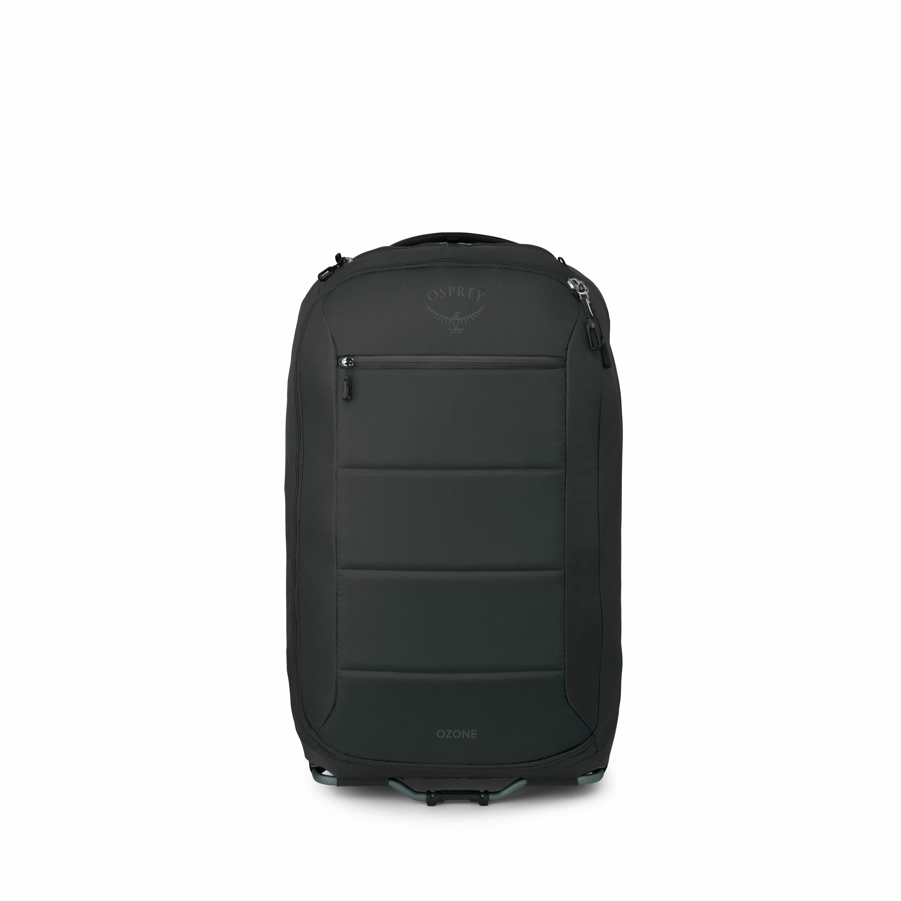 The images display a series of configurations of a sleek, modern black backpack from various angles and stages of transformation. The first image shows the backpack with its top extended, revealing a handle, suggesting it is convertible between a backpack