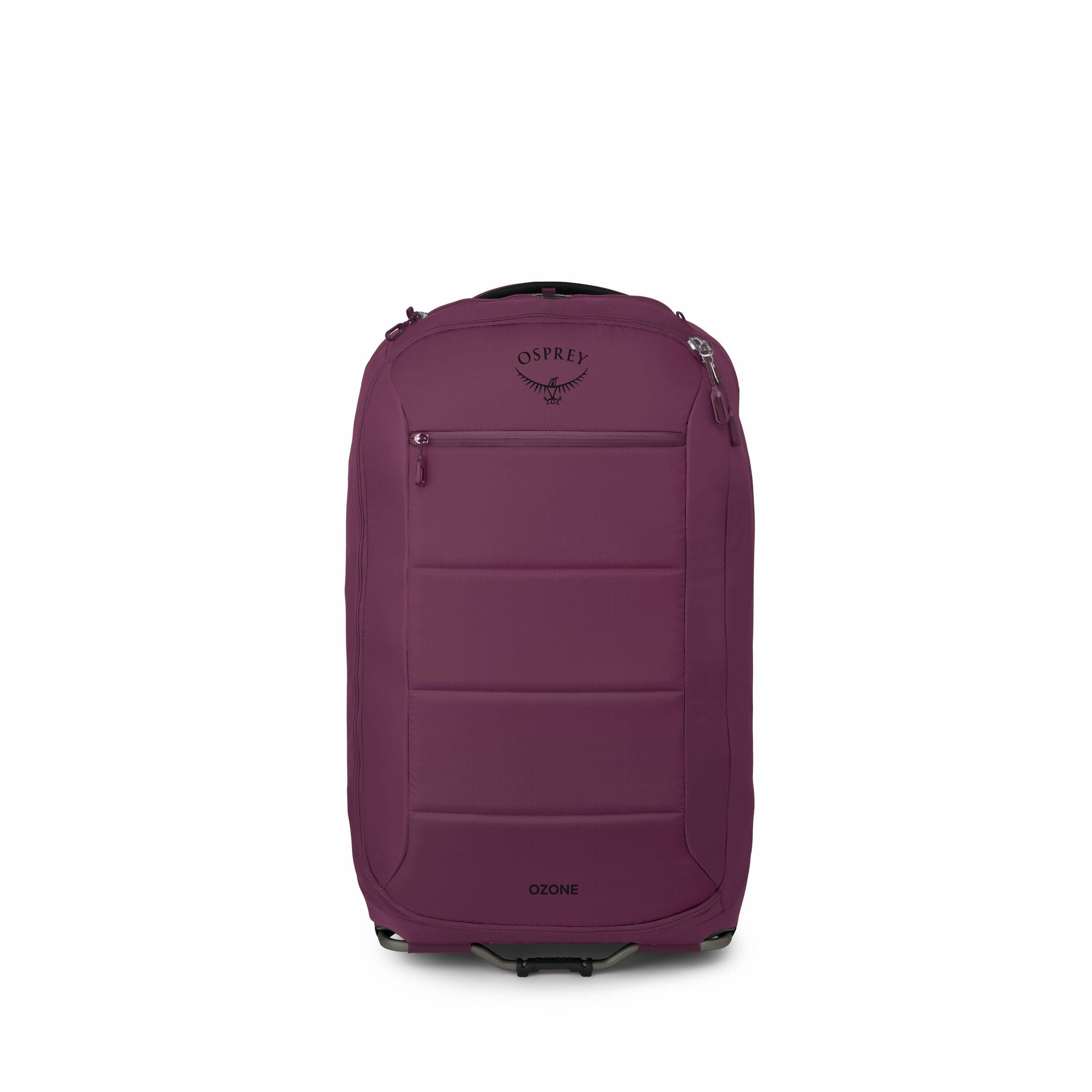 The image shows a purple Osprey Ozone luggage piece. It is a wheeled travel bag with a retractable handle, indicated by the raised white handle on the second image. The bag is designed with smooth panels and has the Osprey logo prominently displayed near