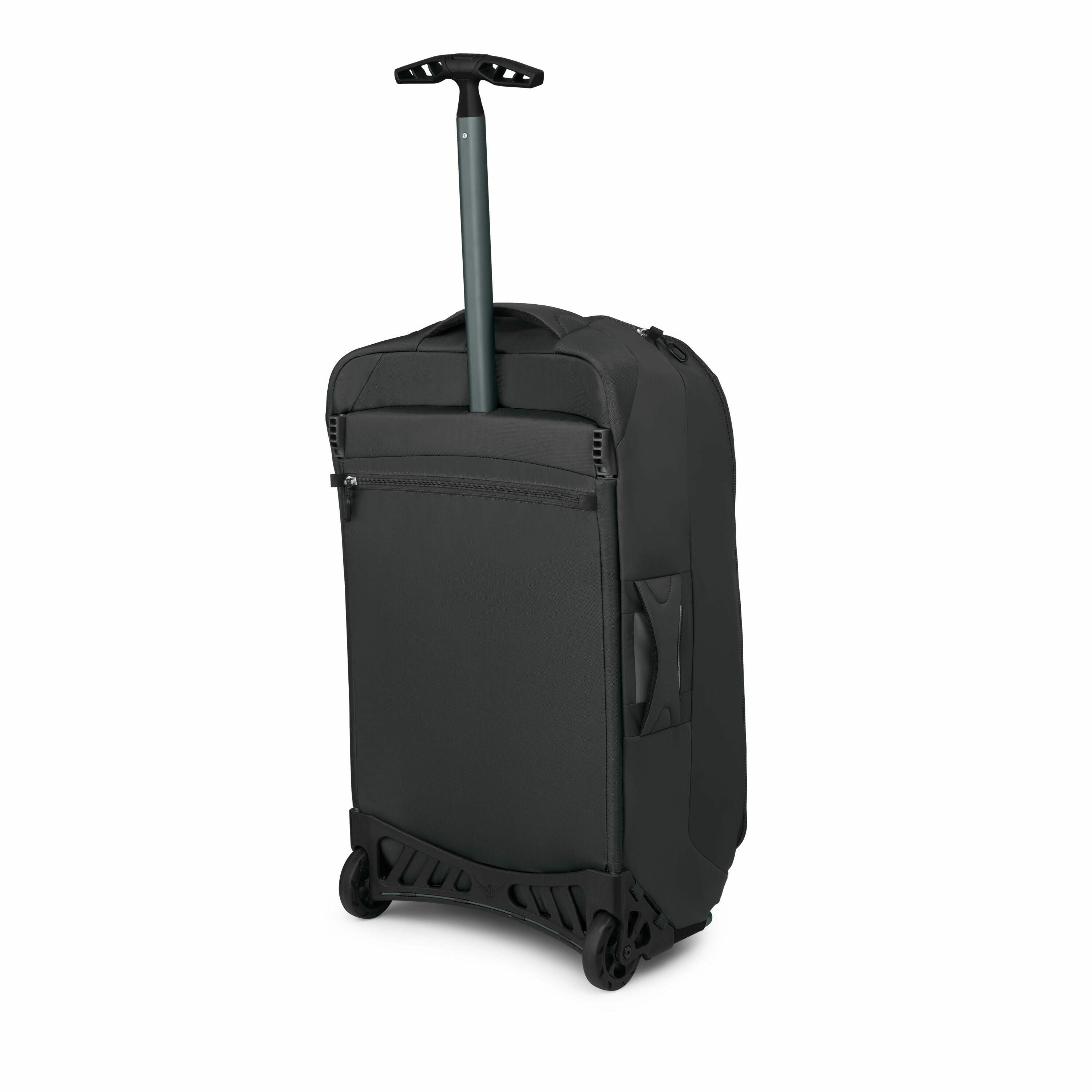 The image shows a black wheeled suitcase with a retractable handle, designed for travel. The suitcase features a durable, smooth exterior with a pocket on the back, which likely serves as an easy-access storage space. It has a streamlined, modern design w