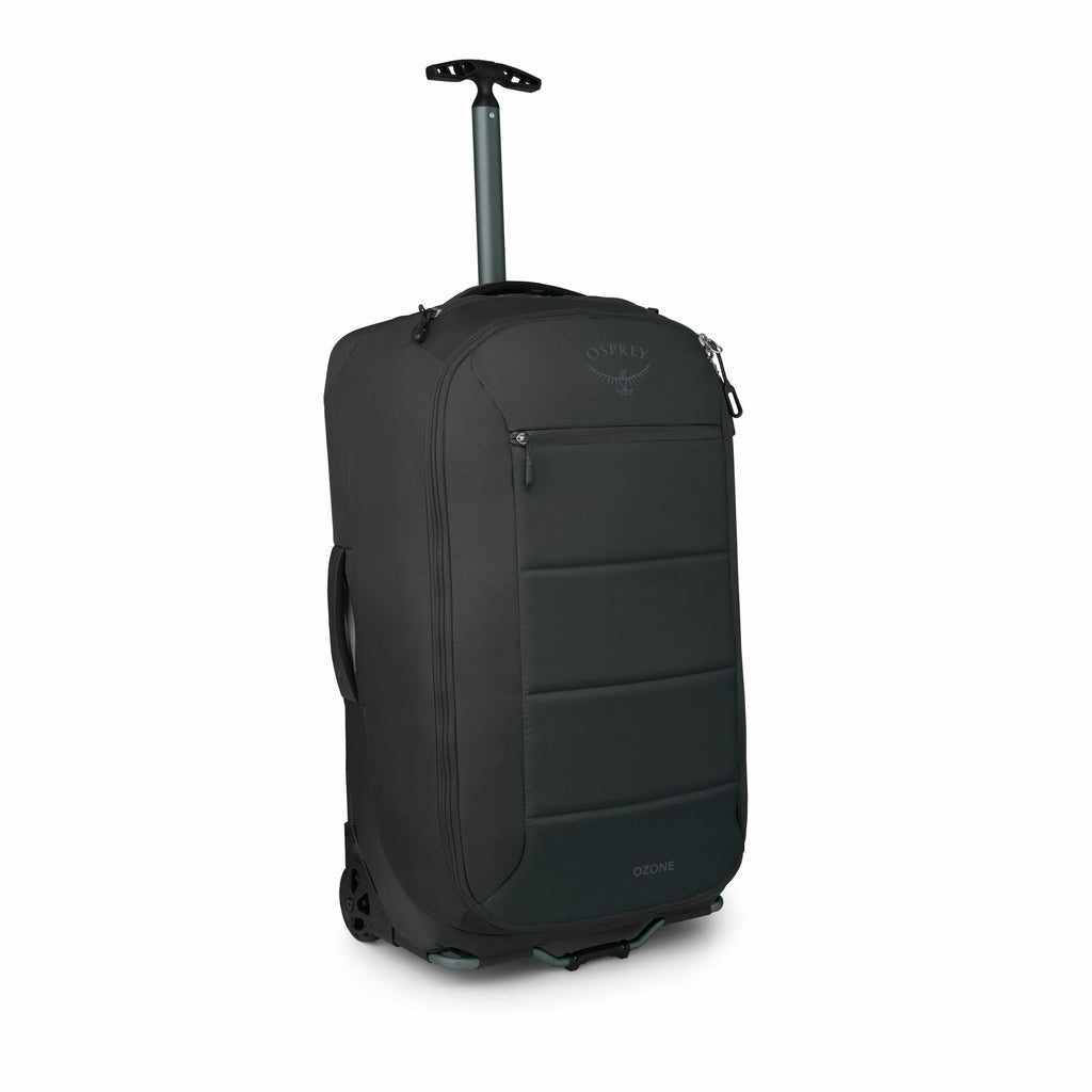 The image depicts a sleek black rolling suitcase, branded with "Osprey" and "Ozone" logos. It features a retractable handle and is designed with a streamlined exterior, including vertical padded panels for durability and style. The suitcase is standing up