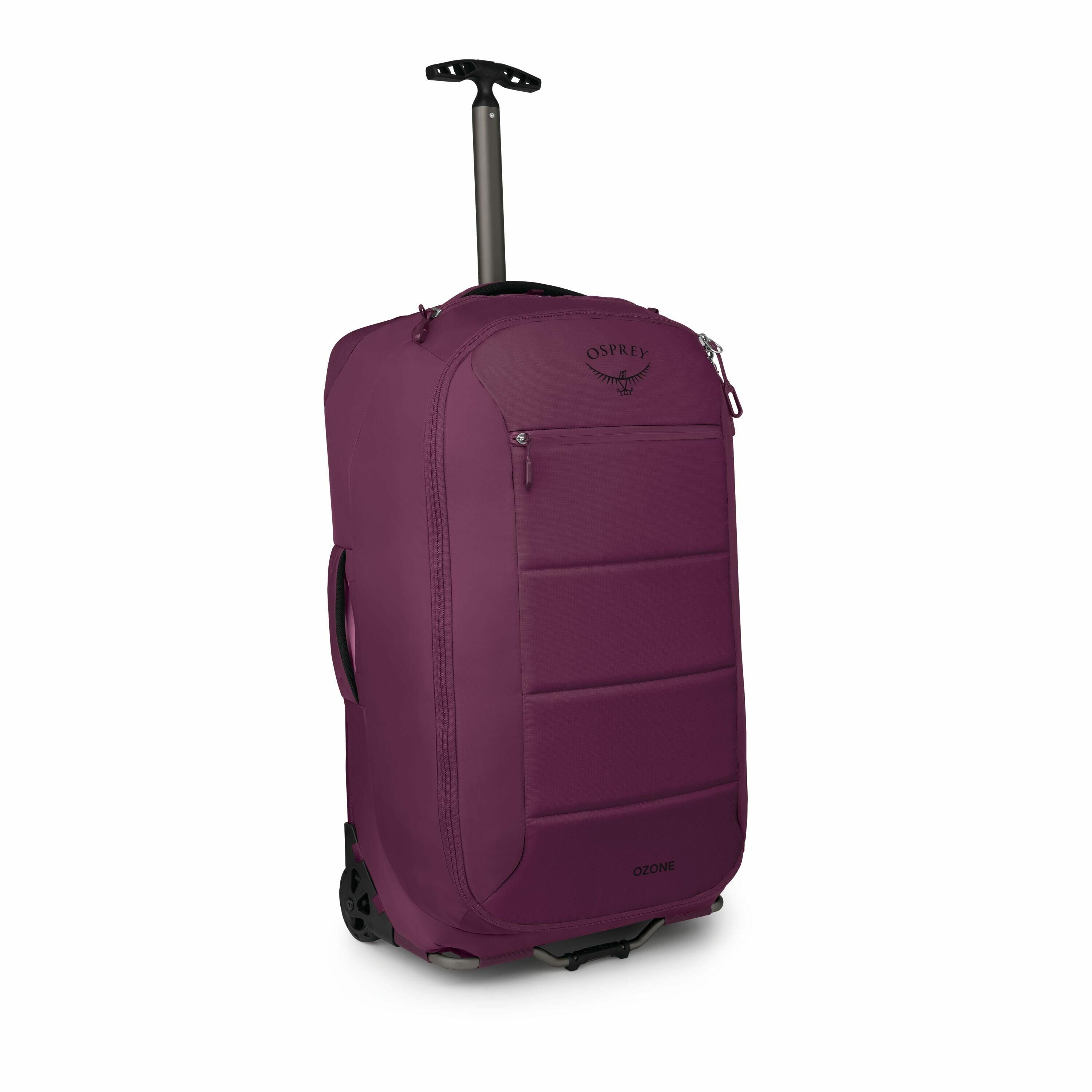 The image shows a purple wheeled suitcase from the brand Osprey, specifically from the Ozone series. The suitcase is upright with a retractable handle extended, allowing for easy transport. The design is sleek with smooth, curved edges, and features sever