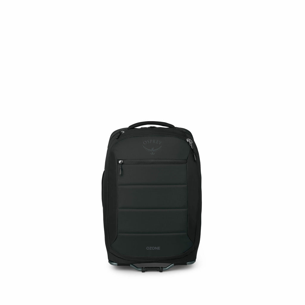 The images showcase a black Osprey Ozone travel bag, presented from various angles and stages of assembly. Initially, the bag appears fully assembled with a retractable handle extended, indicating it can be used as a wheeled carry-on. The subsequent image