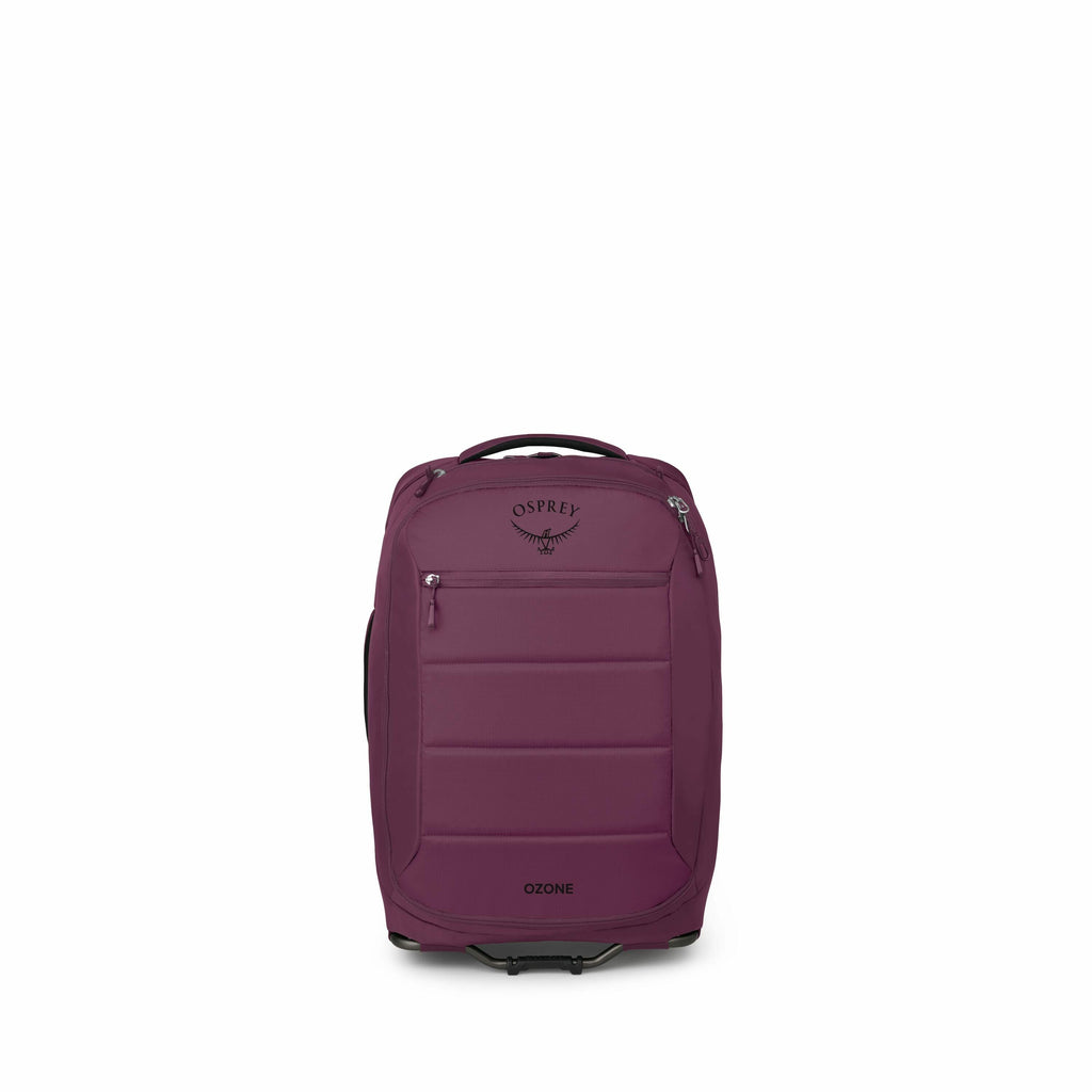 The image features a burgundy-colored luggage bag by Osprey, specifically from their Ozone series. It appears to be a compact carry-on size, designed for travel convenience, with a smooth and sleek front panel. The luggage has a telescopic handle that can