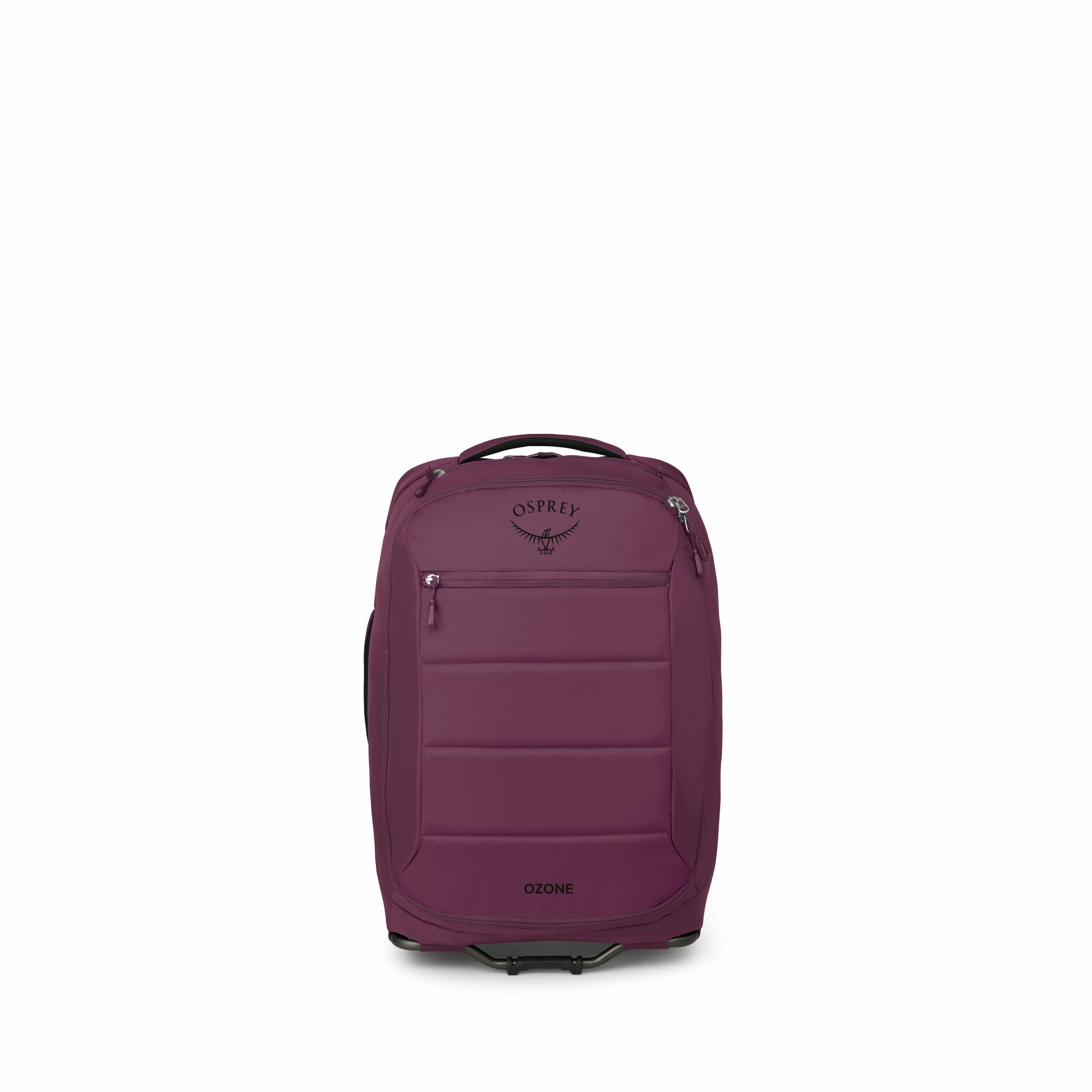 The image features a burgundy-colored luggage bag by Osprey, specifically from their Ozone series. It appears to be a compact carry-on size, designed for travel convenience, with a smooth and sleek front panel. The luggage has a telescopic handle that can