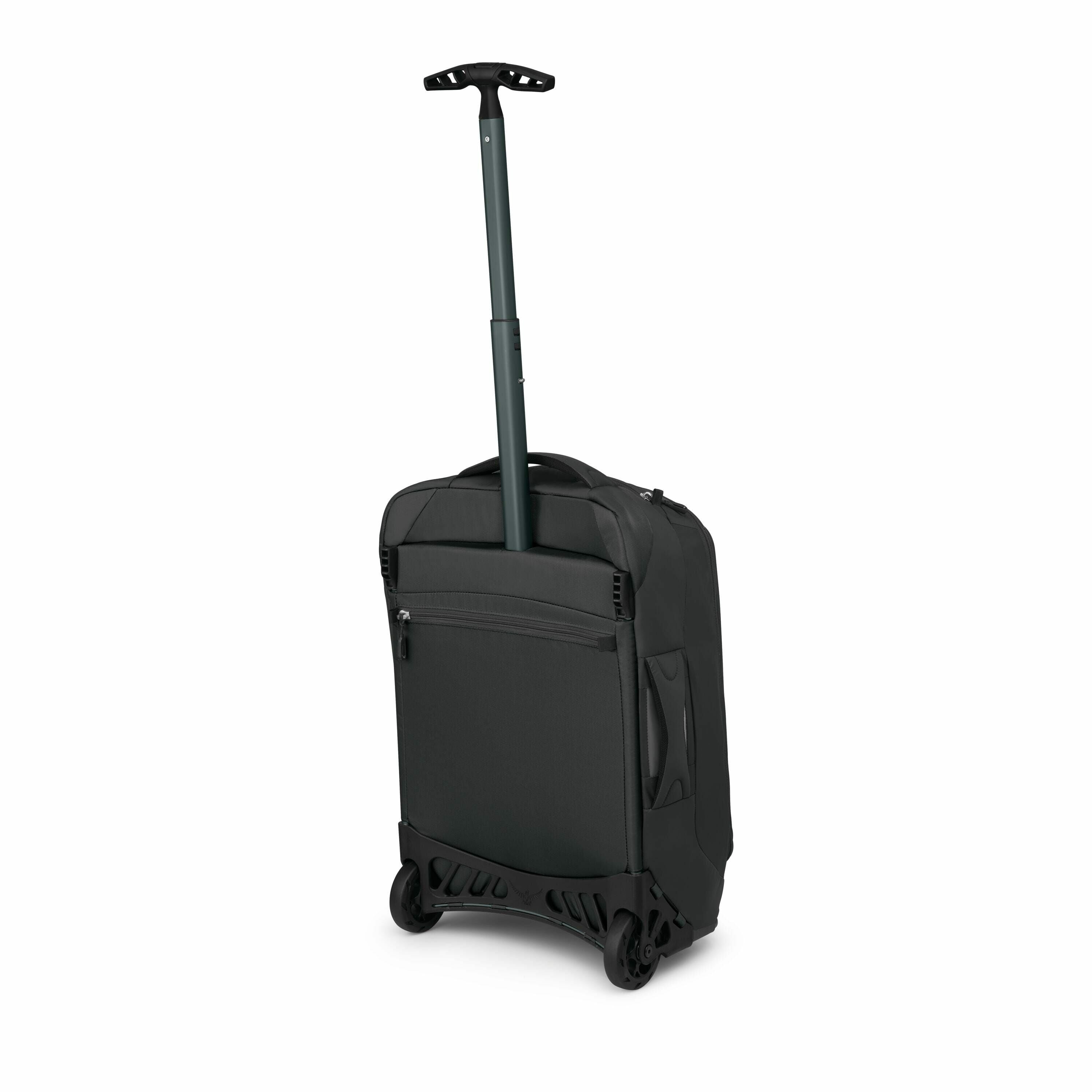 The image shows a small, black wheeled suitcase, specifically designed for travel. It features a retractable handle that extends from the top, allowing the user to pull it conveniently. The suitcase has a streamlined design with a zippered front pocket an