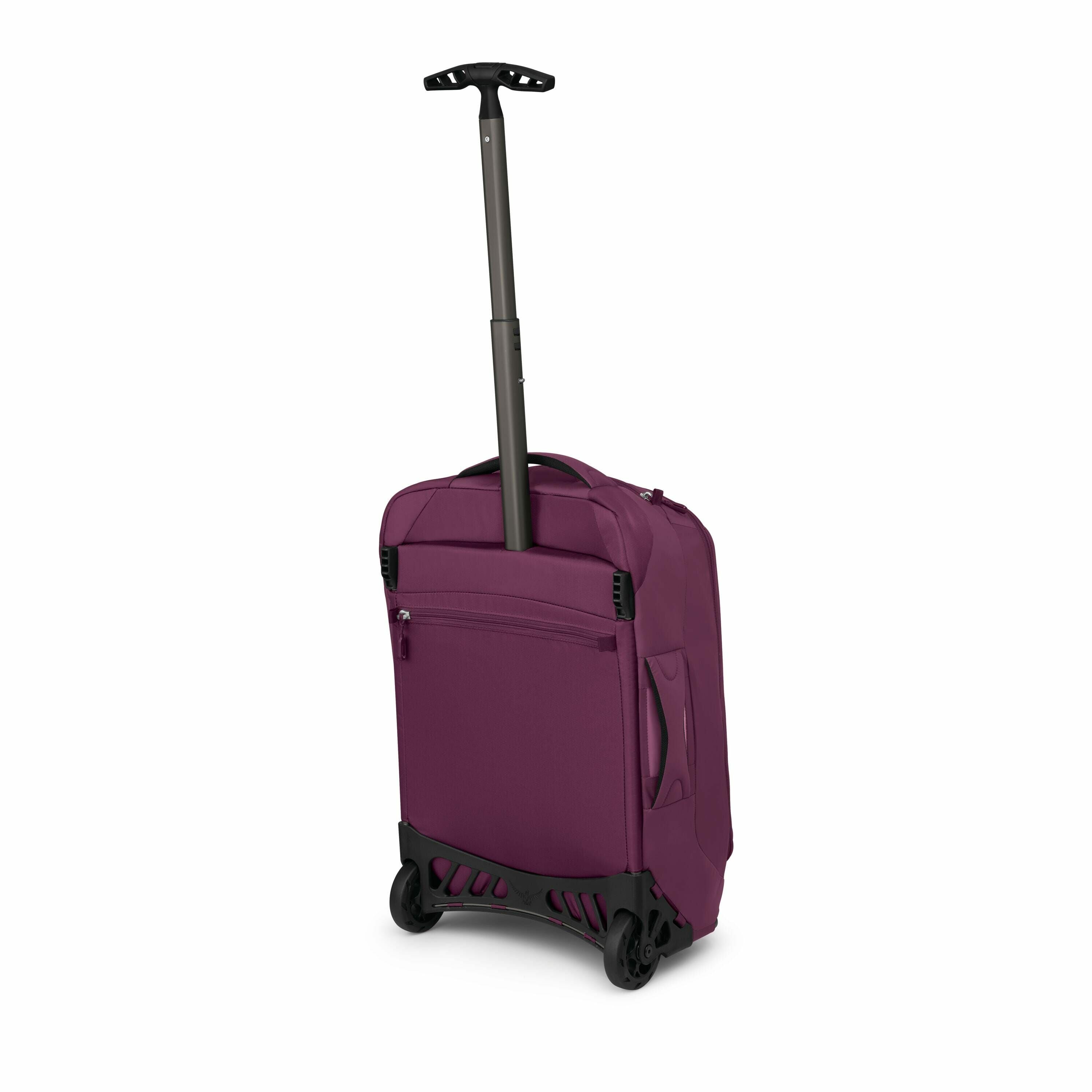 The image shows a burgundy-colored rolling suitcase with a retractable handle and a pair of wheels at the bottom. The suitcase is upright, displaying a zippered pocket on its front, indicating storage accessibility. The retractable handle is extended, sug