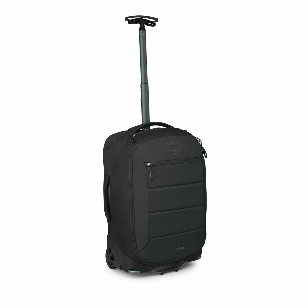 The image depicts a sleek, black rolling suitcase, specifically the Osprey Ozone model. The suitcase features a telescopic handle, which is fully extended, suggesting ease of transport. The design includes padded panels on the front, providing a modern an