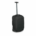 The image depicts a sleek, black rolling suitcase, specifically the Osprey Ozone model. The suitcase features a telescopic handle, which is fully extended, suggesting ease of transport. The design includes padded panels on the front, providing a modern an