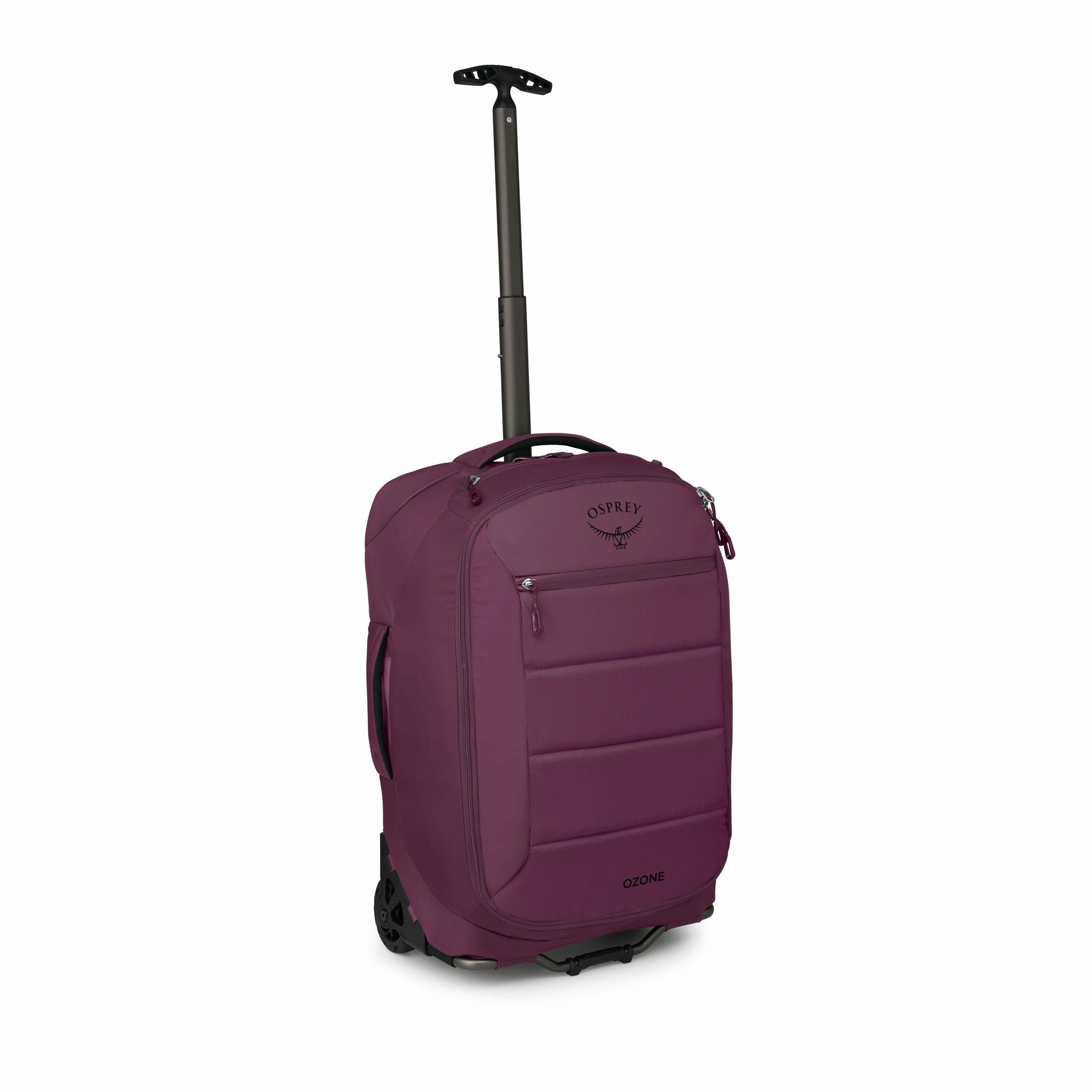 The image depicts a deep purple wheeled suitcase from the brand Osprey, specifically the Ozone model. The suitcase has a sturdy telescopic handle that extends upwards for easy maneuverability. It features a padded front panel and multiple zippered compart