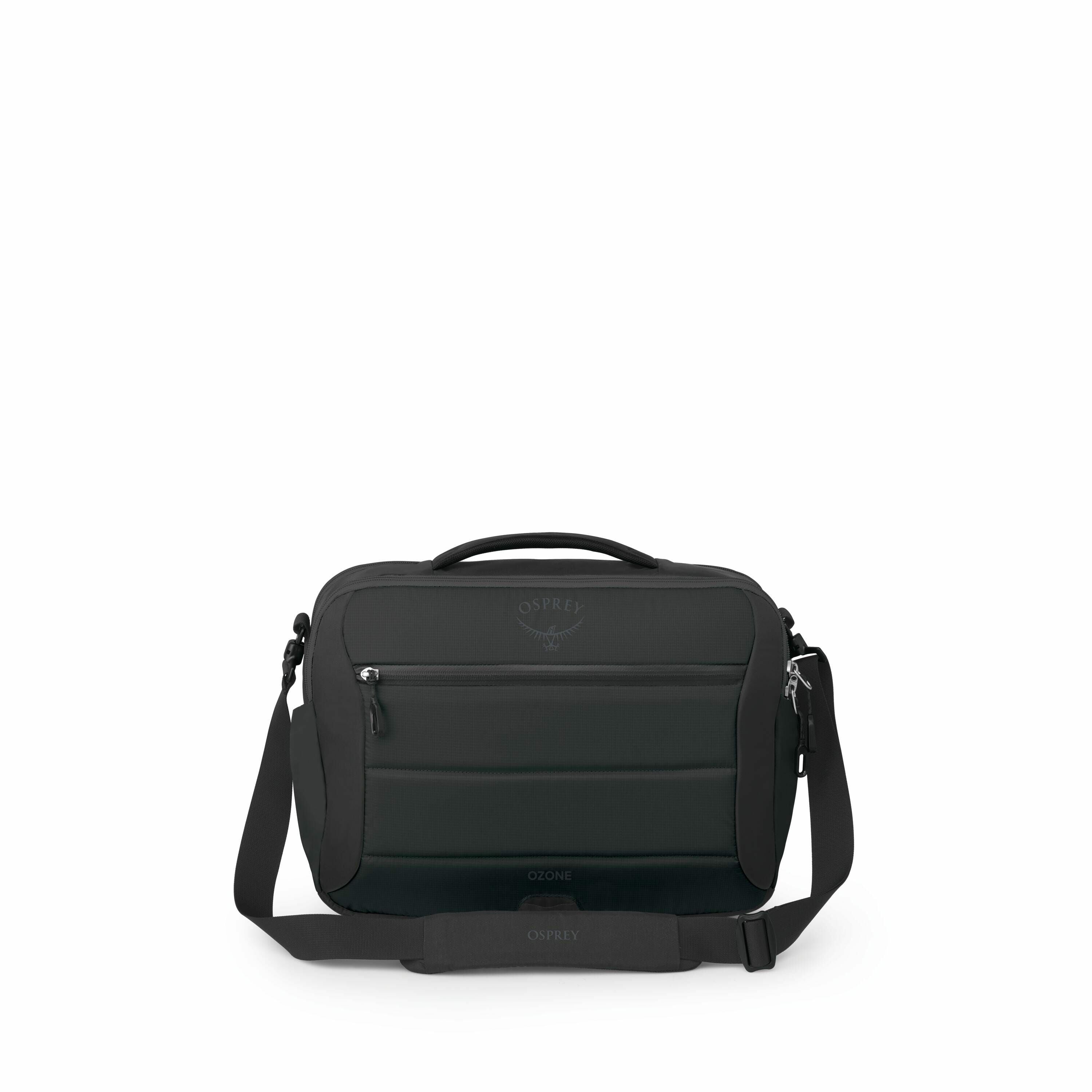 The images depict a black Osprey shoulder bag from various angles and states of assembly. The first few images show the bag fully assembled, displaying its structured shape, two front zippers, and a sturdy shoulder strap. The following images break down t