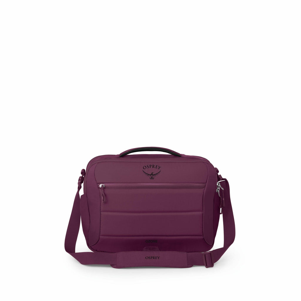 The images depict various views and components of a maroon-colored Osprey bag, likely a messenger bag or a laptop briefcase. The bag features a padded exterior with the Osprey logo prominently displayed on the front. It includes a long, adjustable shoulde