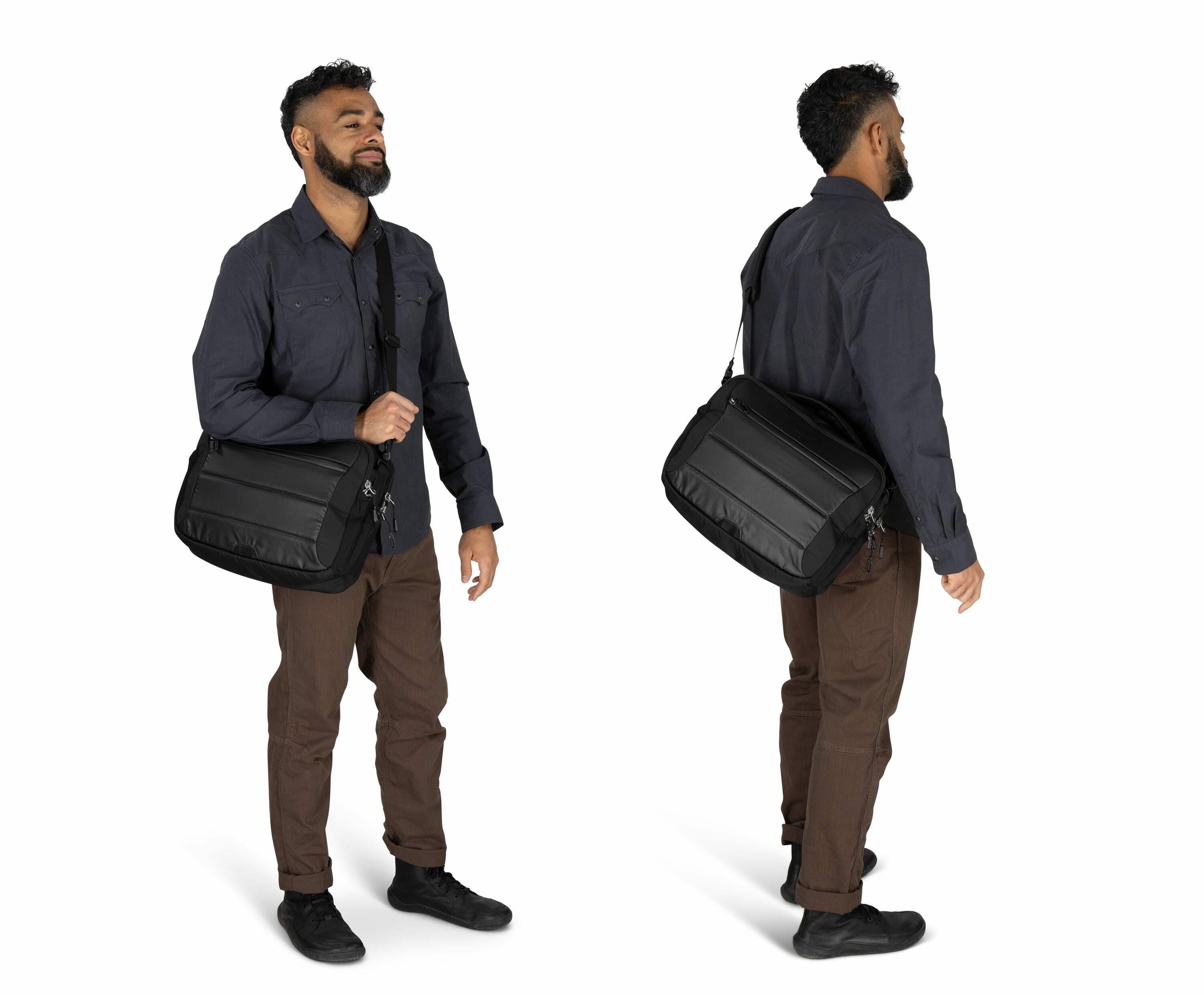 The image depicts a man standing and holding a black shoulder bag, shown from two angles: front and side. He is wearing a dark long-sleeve shirt, brown pants, and black shoes. The bag, likely made from a durable fabric, has a sleek design with zippers vis
