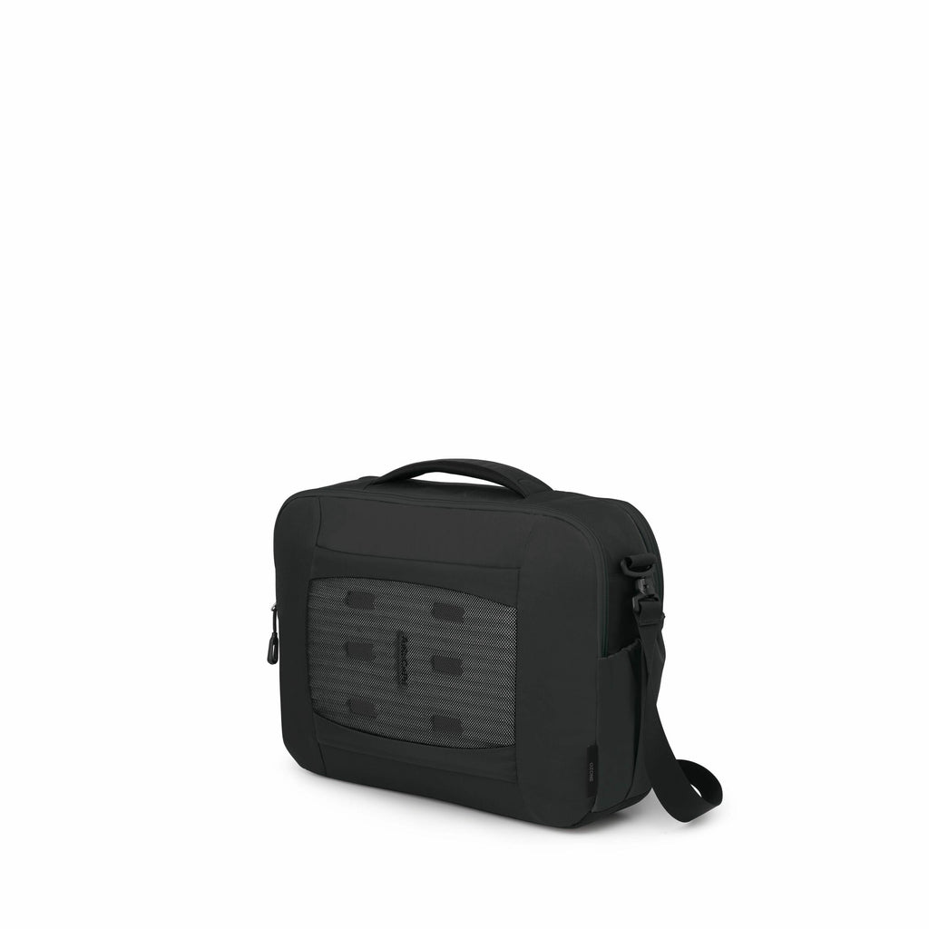 The image shows a black shoulder bag with a compact, rectangular design. It features a main compartment with a zippered closure and a short handle on top for carrying. There is a front pocket with a textured surface, possibly for additional storage or aes